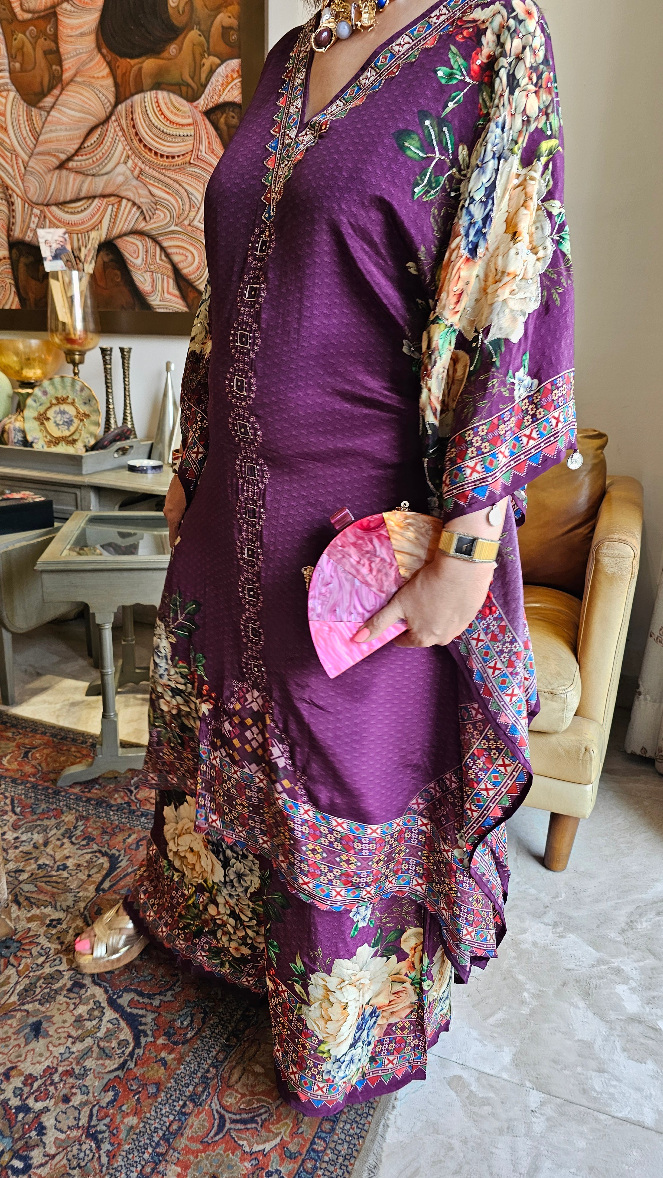 Gorgeous Crepe Fabric 3 Piece Outfit With Digital Floral Print & Hand Embroidery