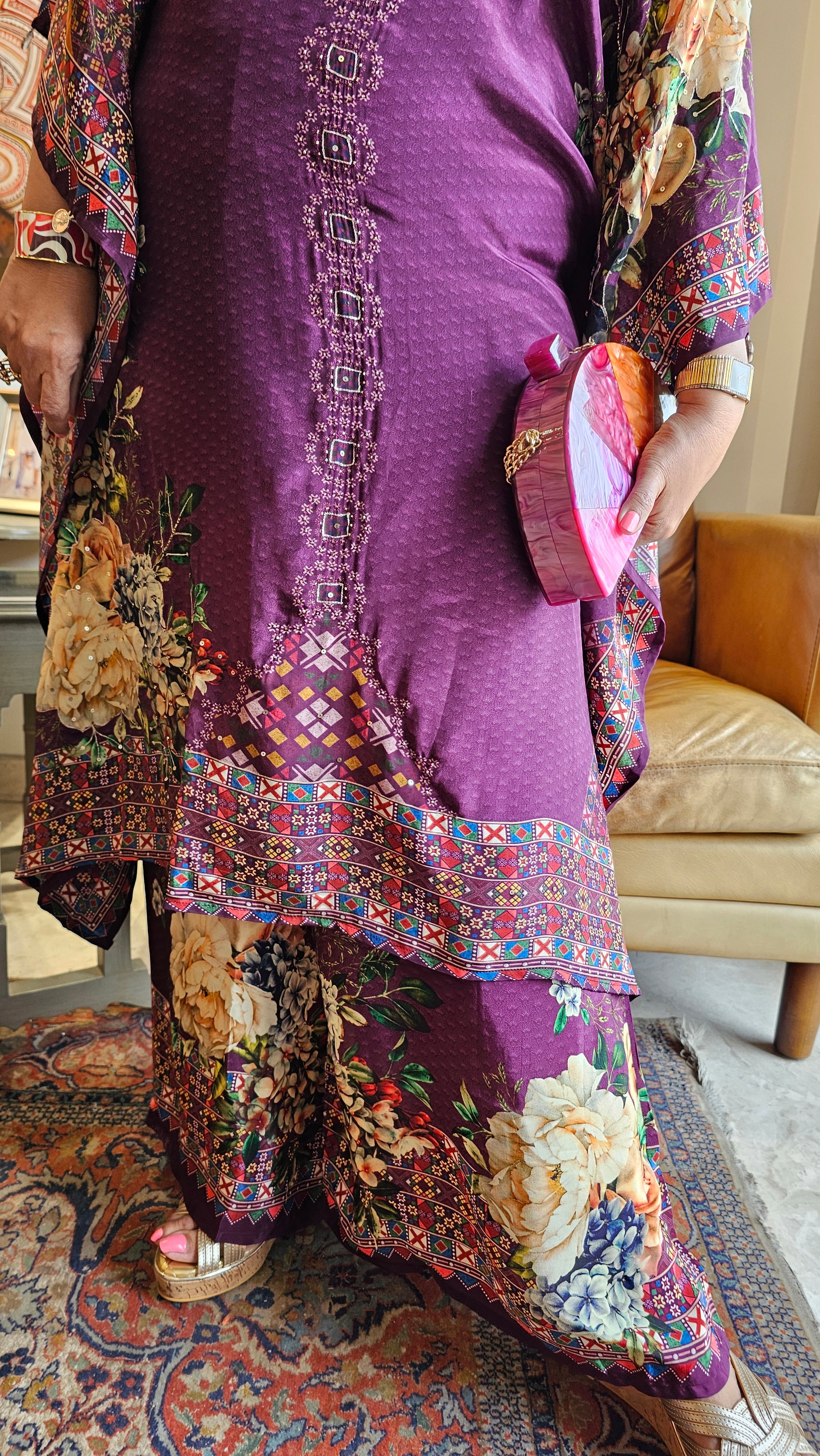 Gorgeous Crepe Fabric 3 Piece Outfit With Digital Floral Print & Hand Embroidery