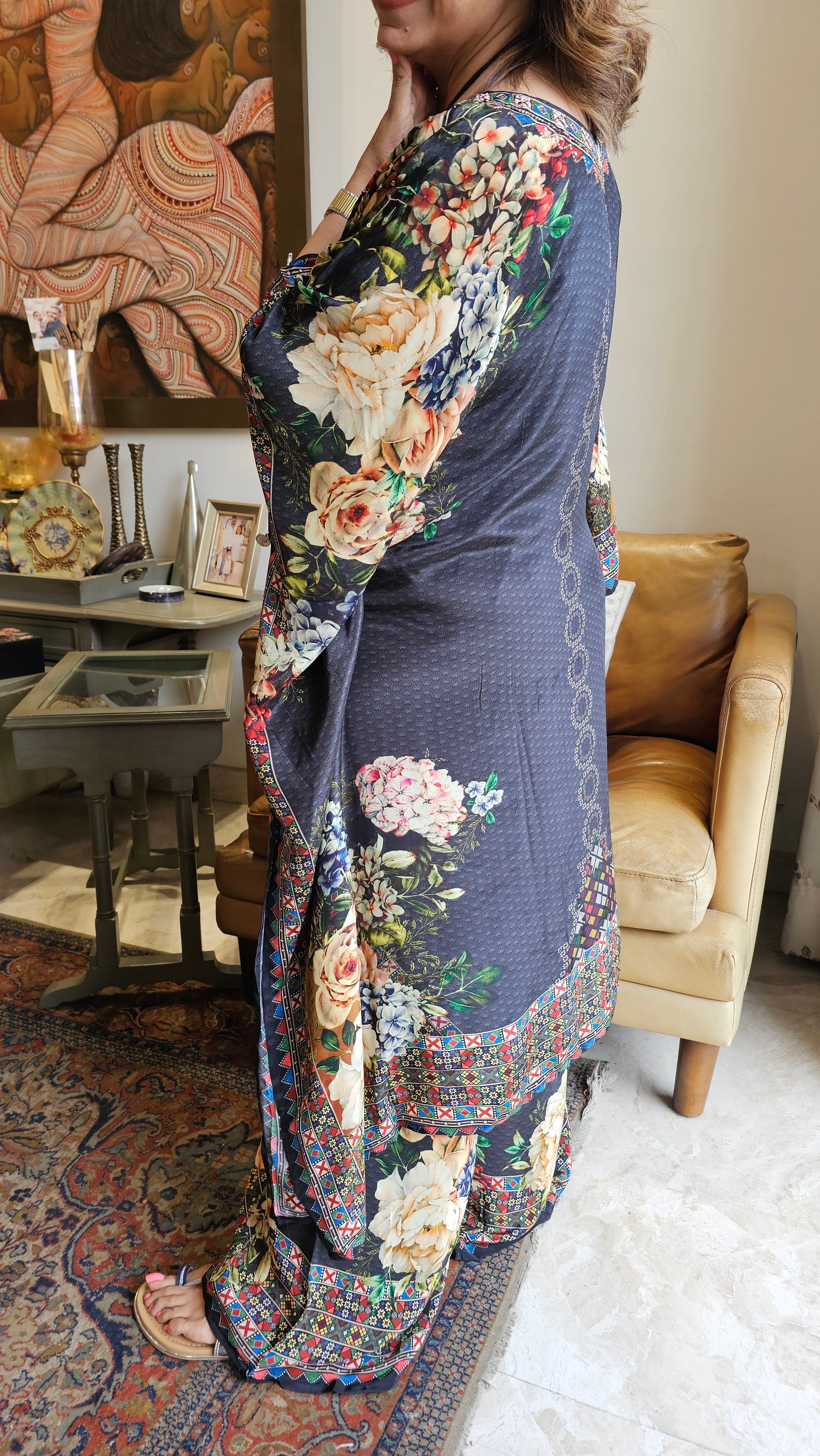 Gorgeous Crepe Fabric 3 Piece Outfit With Digital Floral Print & Hand Embroidery