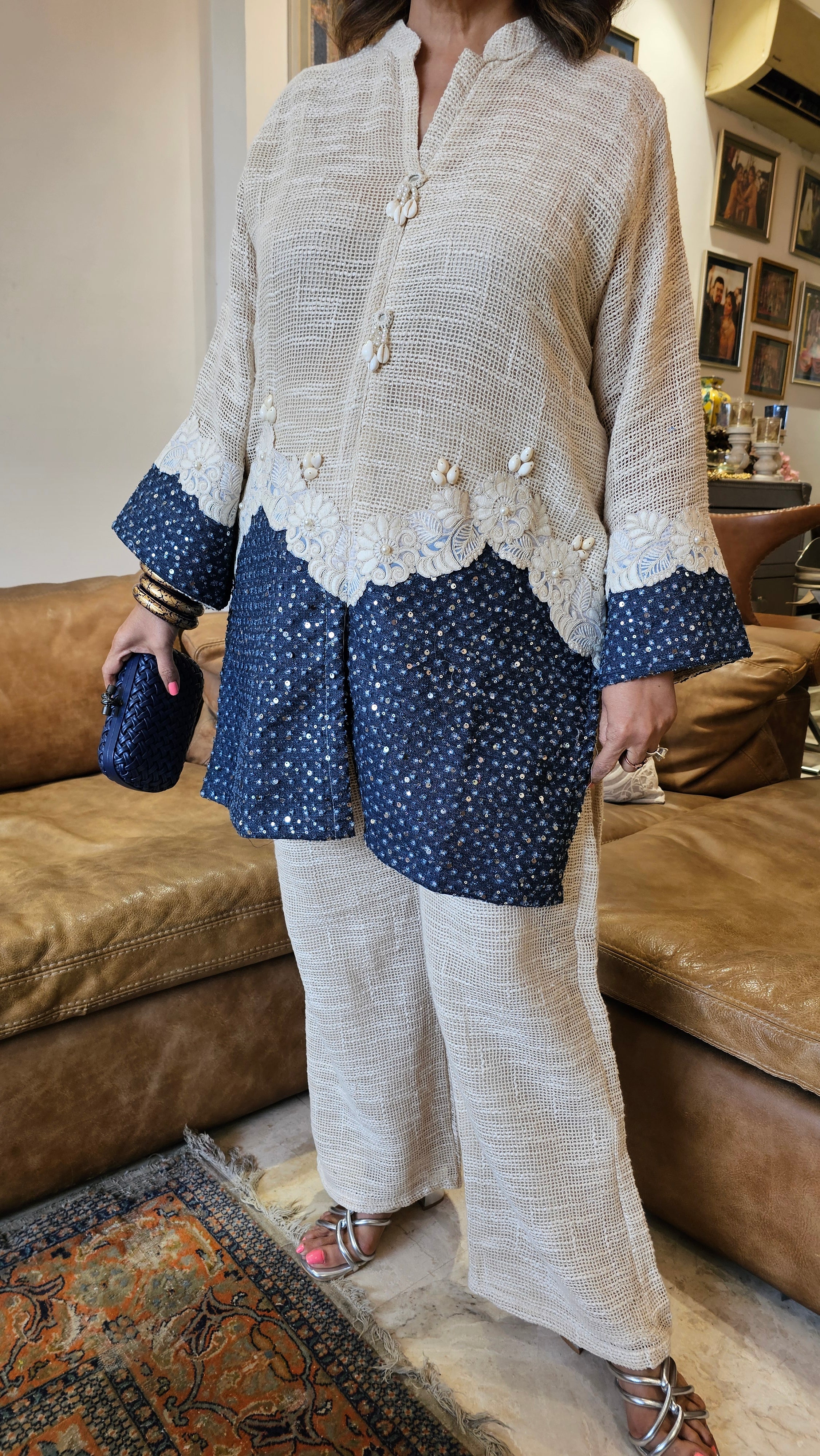 Breezy Cotton Jute Outfit Embellished with Sequence & Lace work