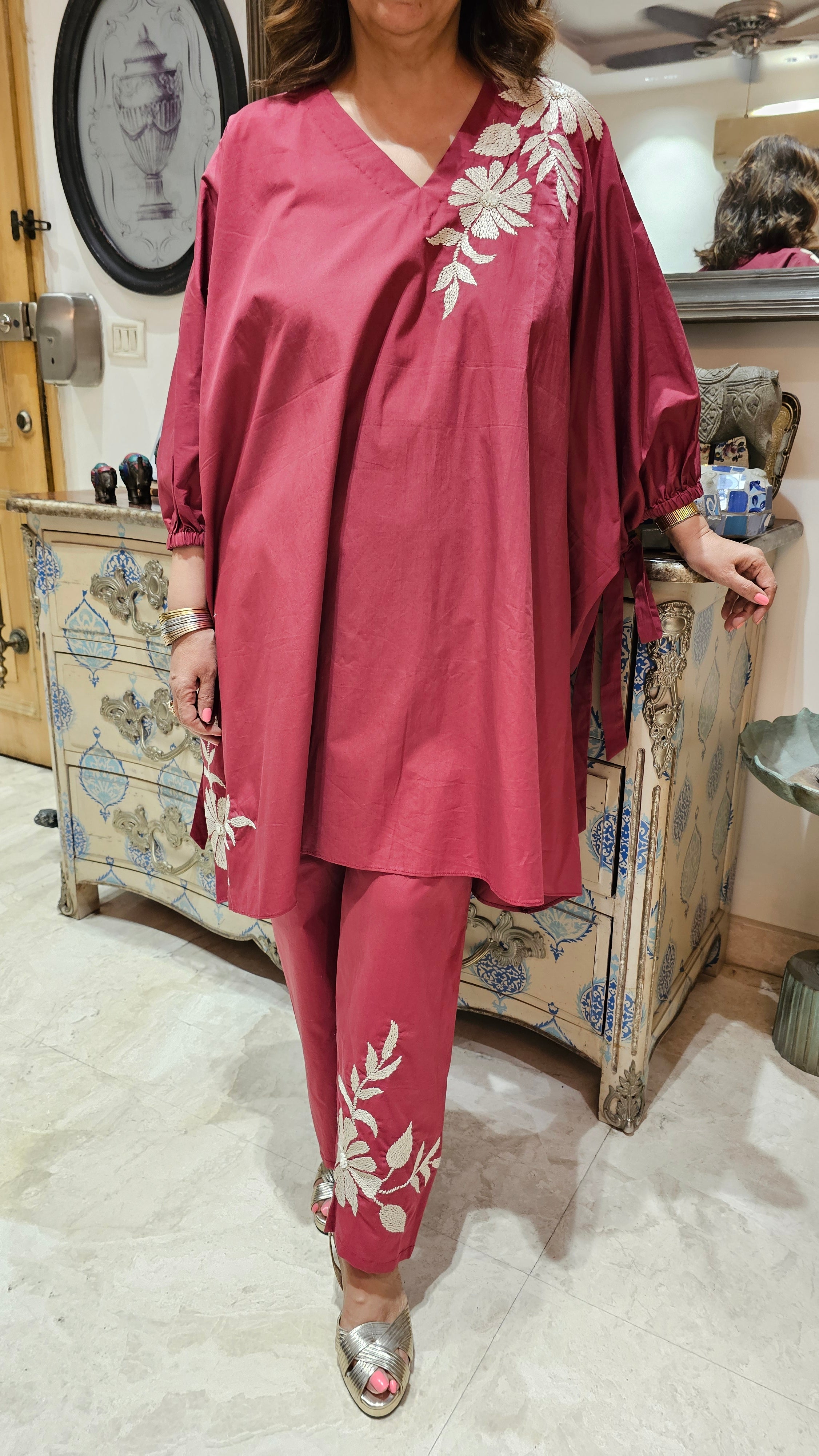 Gorgeous Cotton Top & Bottom with Floral Thread Work