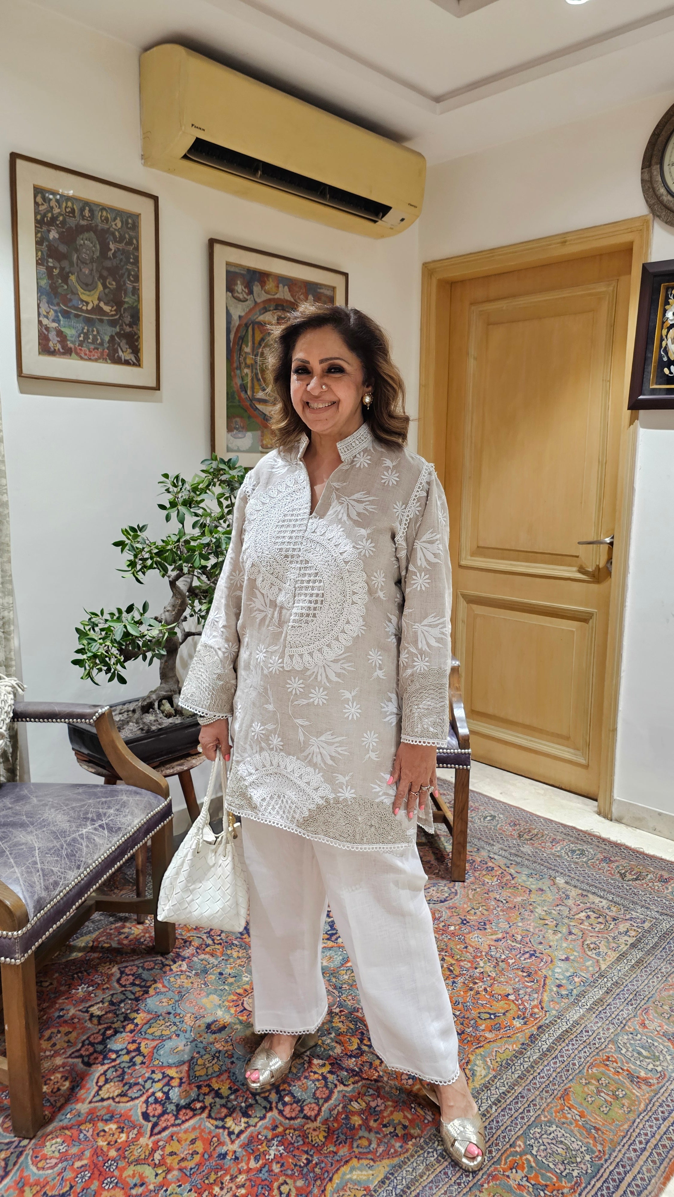 Elegant Embroidered Pure Linen Top With Dori Work & Plain Linen Pants