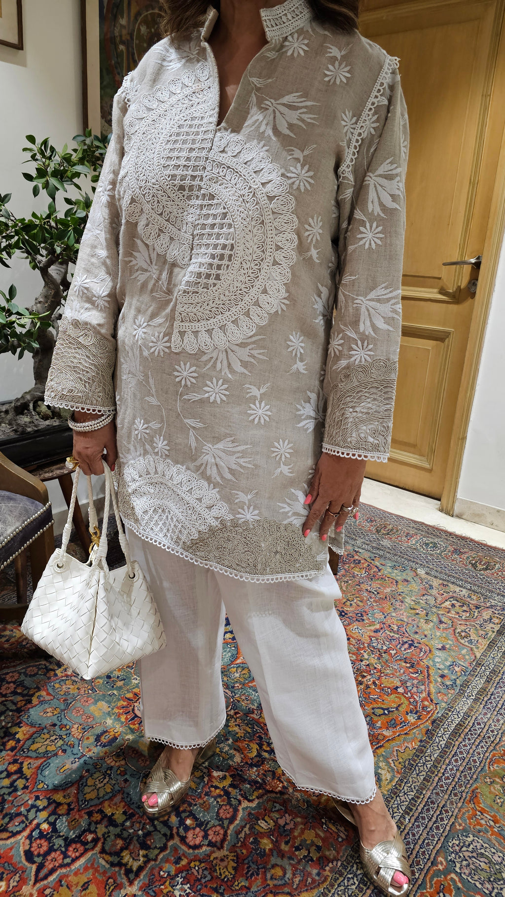 Elegant Embroidered Pure Linen Top With Dori Work & Plain Linen Pants