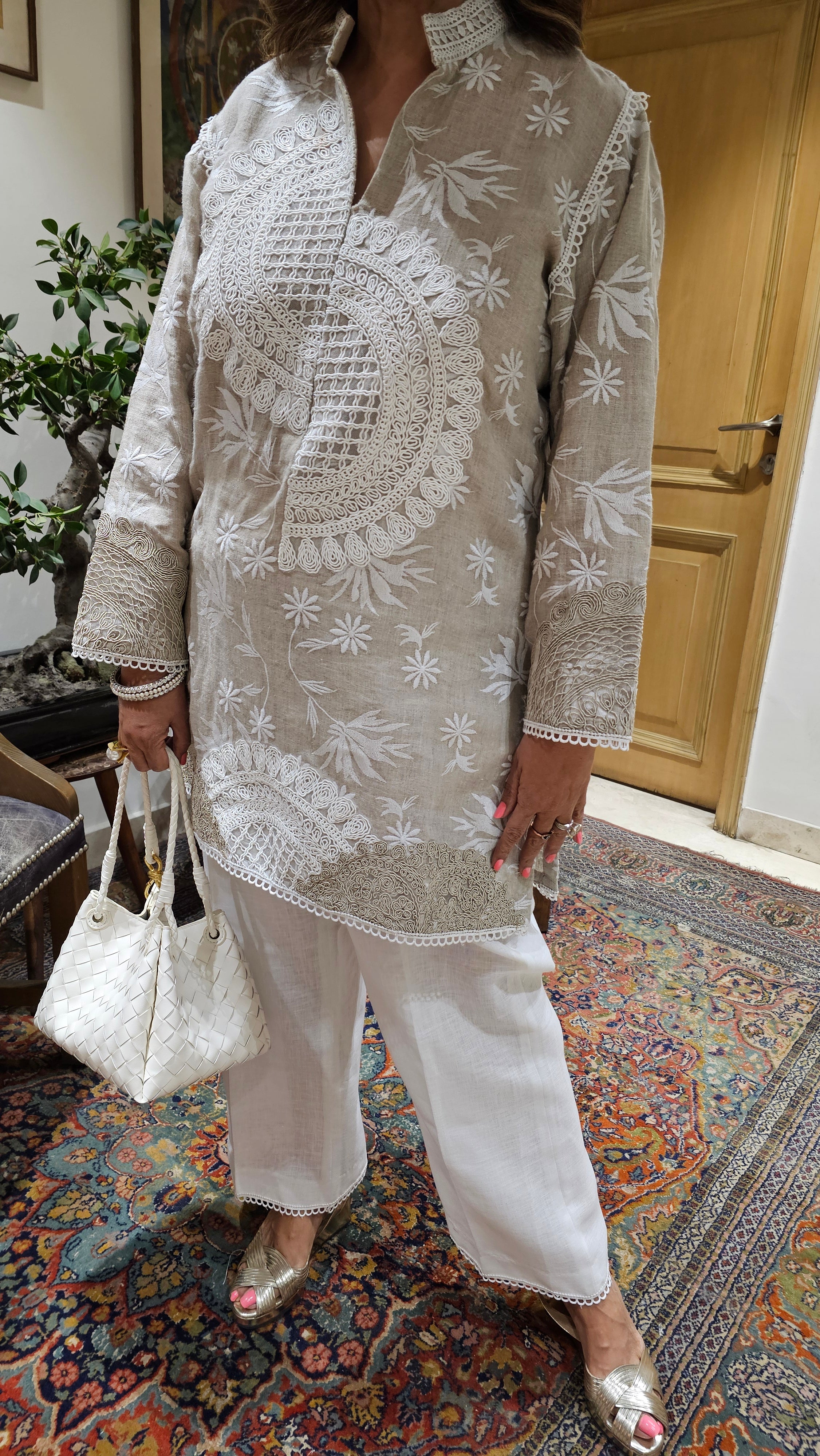 Elegant Embroidered Pure Linen Top With Dori Work & Plain Linen Pants