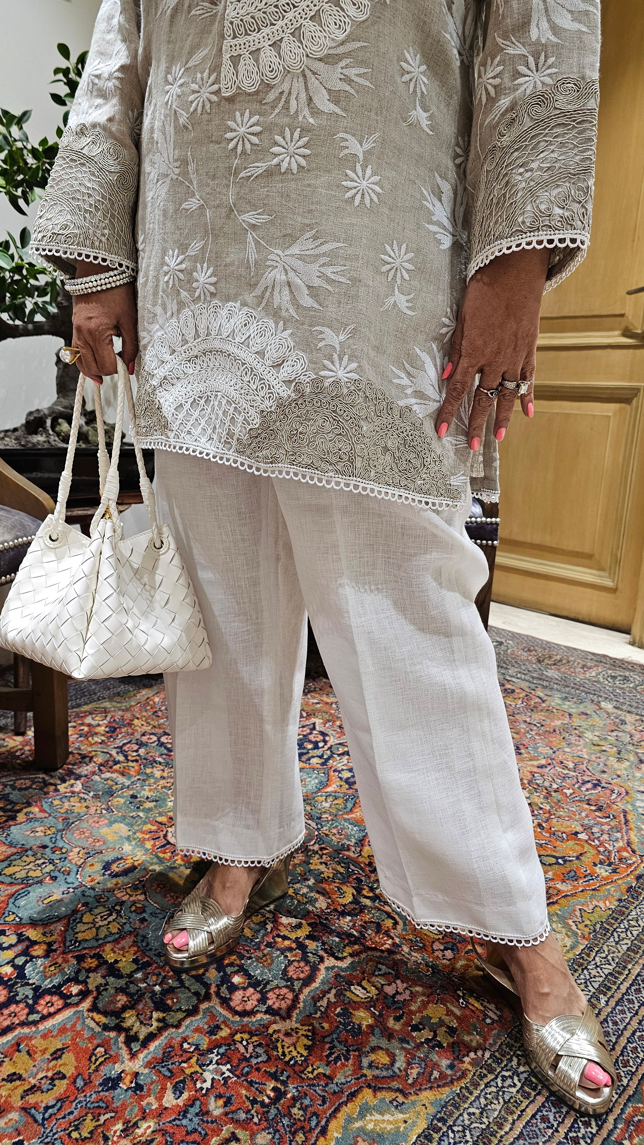 Elegant Embroidered Pure Linen Top With Dori Work & Plain Linen Pants