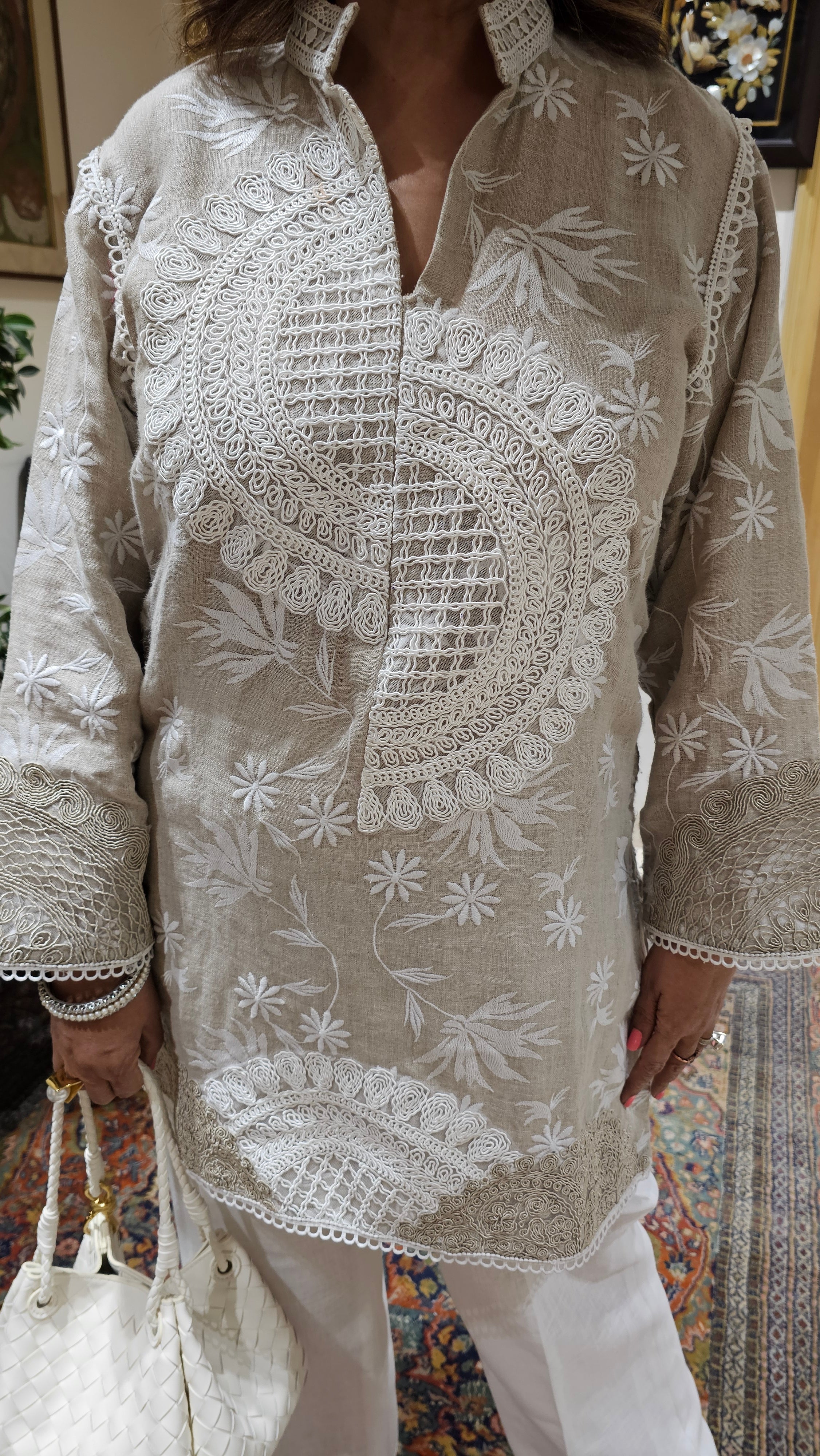 Elegant Embroidered Pure Linen Top With Dori Work & Plain Linen Pants