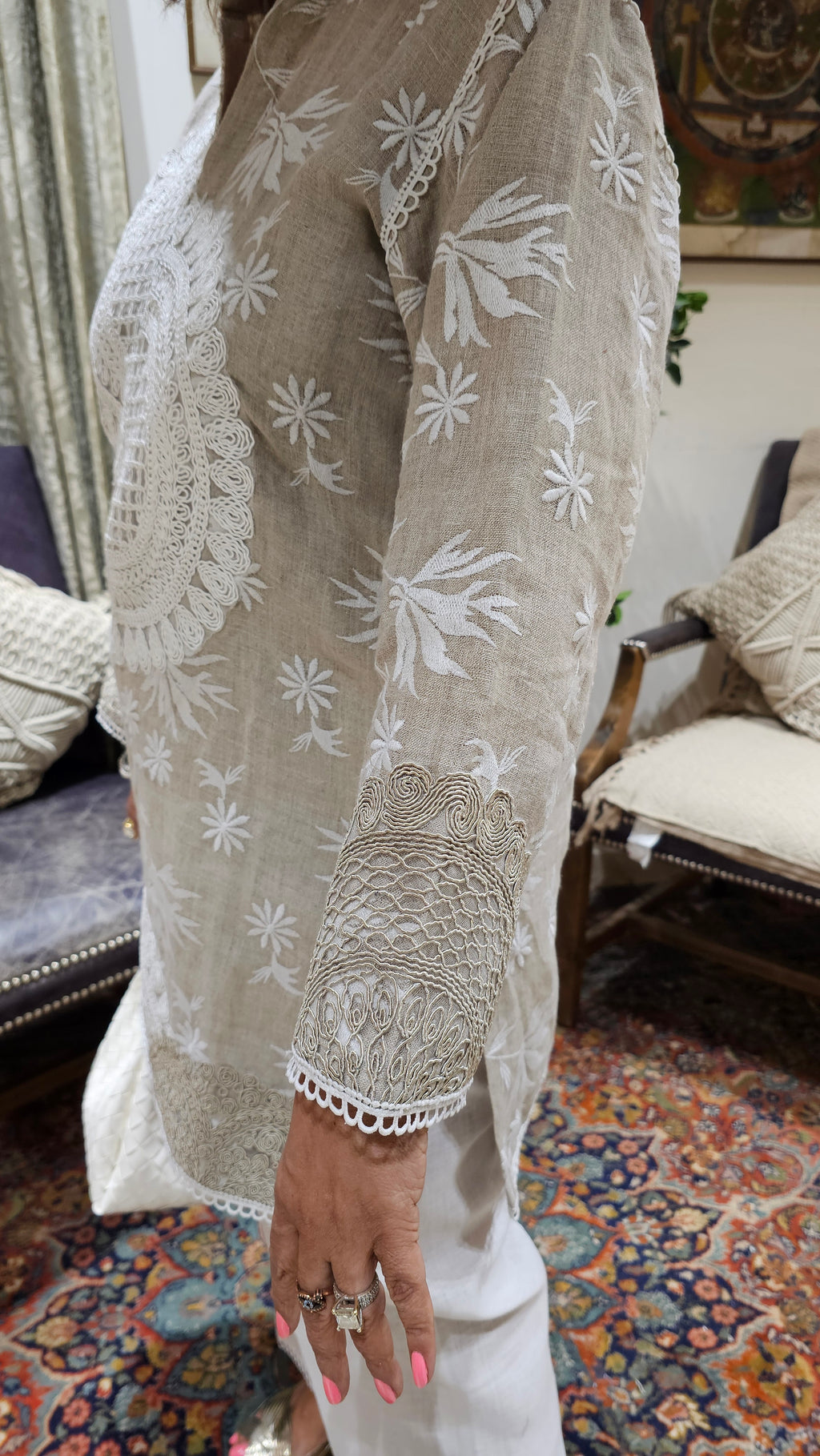 Elegant Embroidered Pure Linen Top With Dori Work & Plain Linen Pants