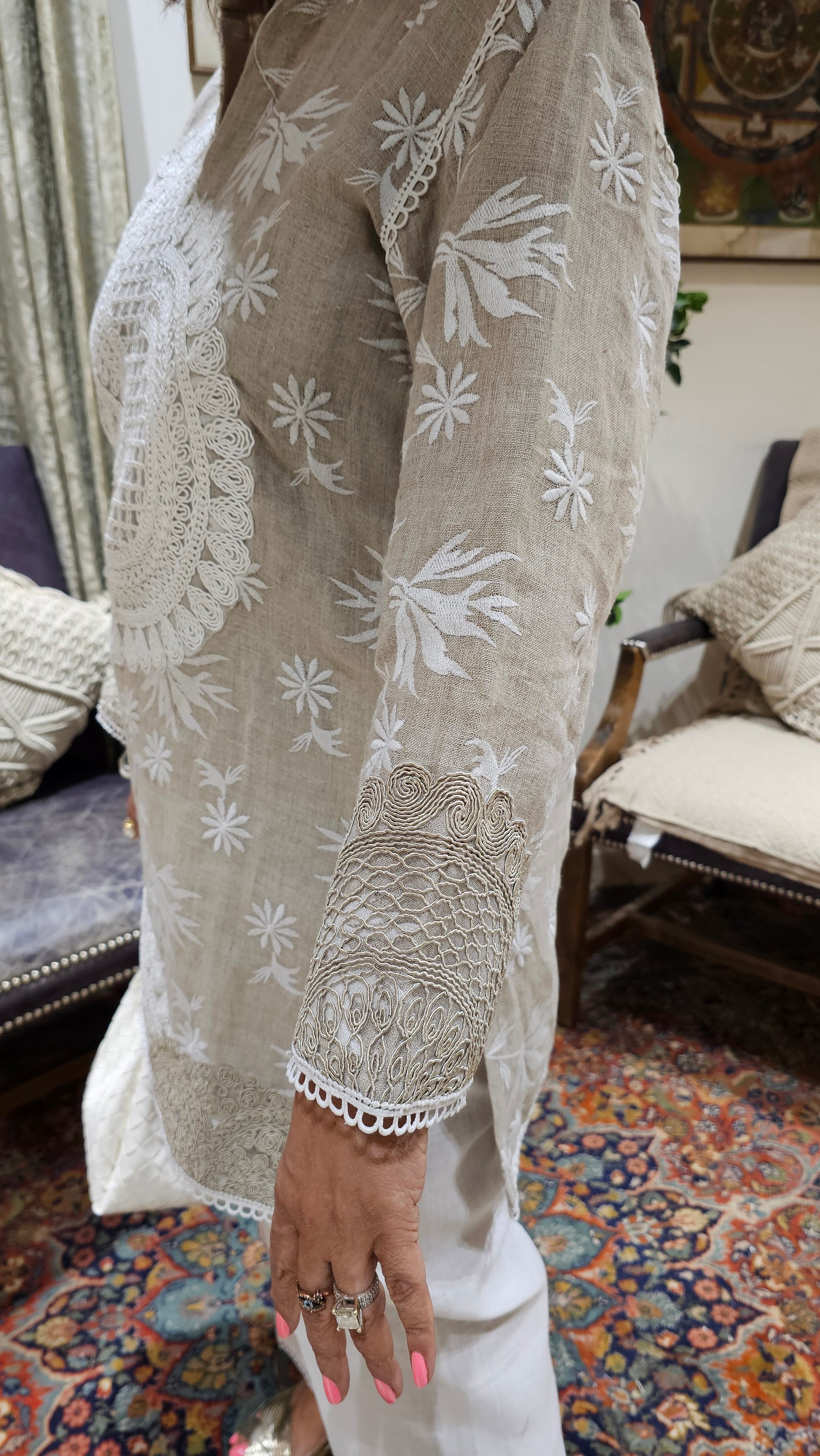 Elegant Embroidered Pure Linen Top With Dori Work & Plain Linen Pants