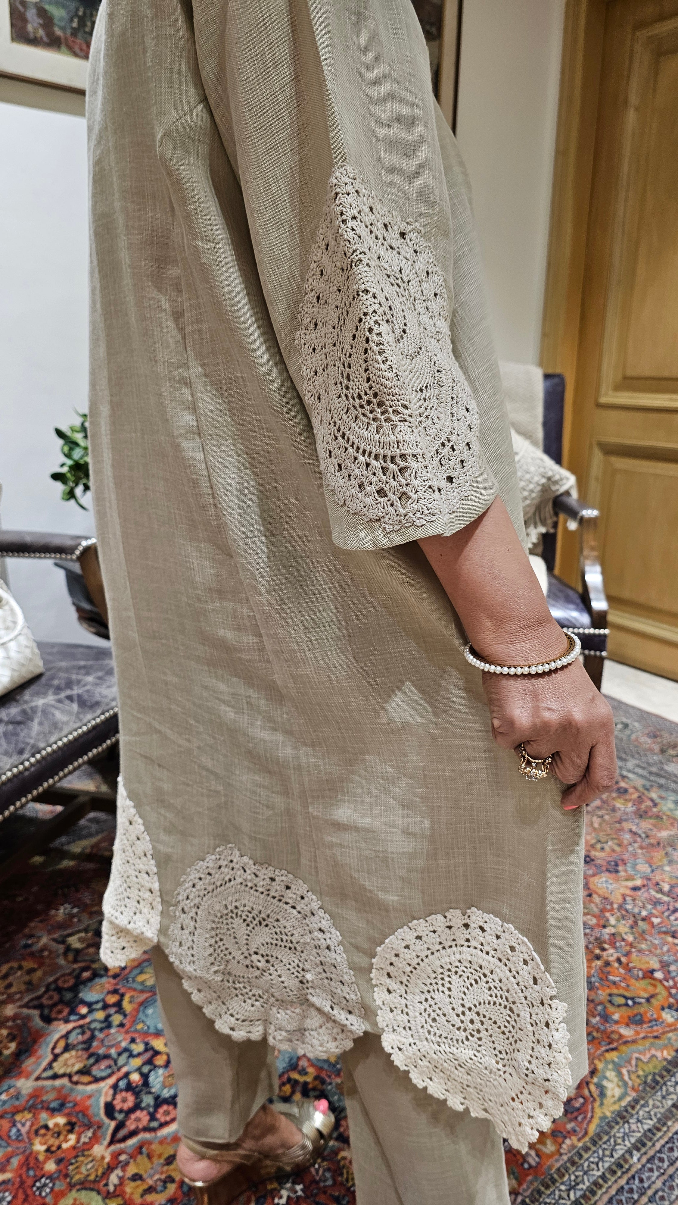 Beautiful Pure Linen Top & Bottom with Crochet Work