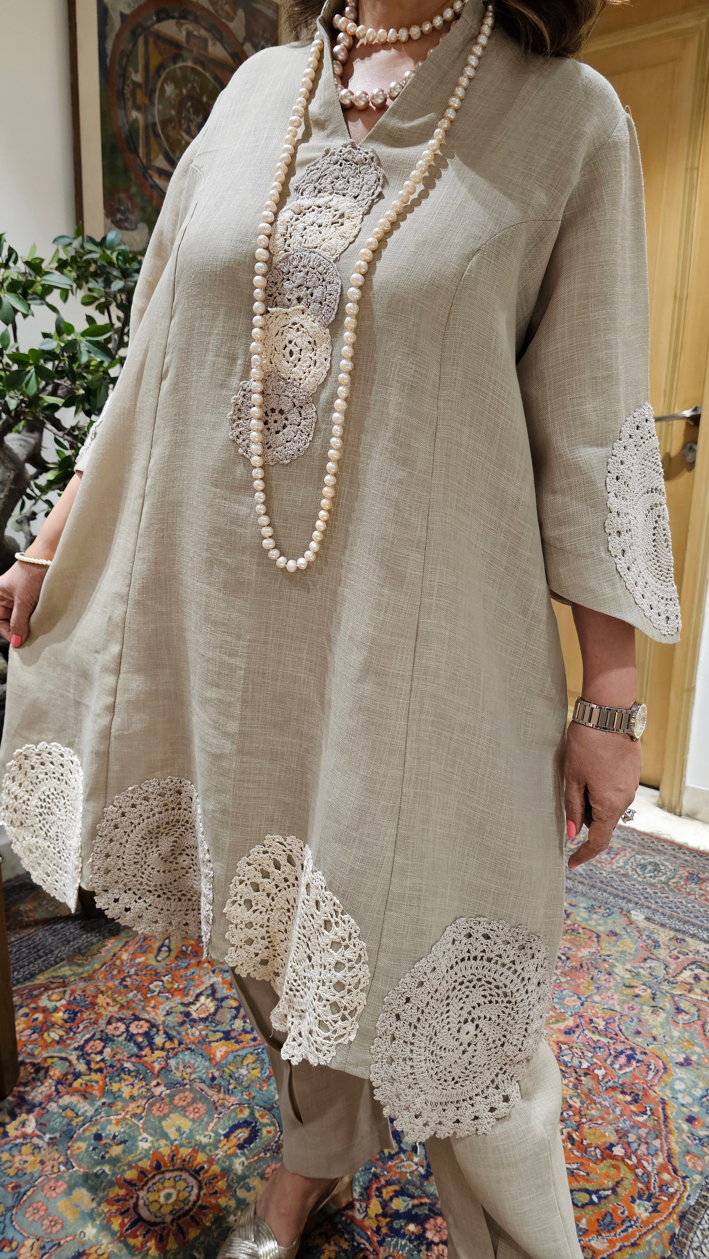 Beautiful Pure Linen Top & Bottom with Crochet Work