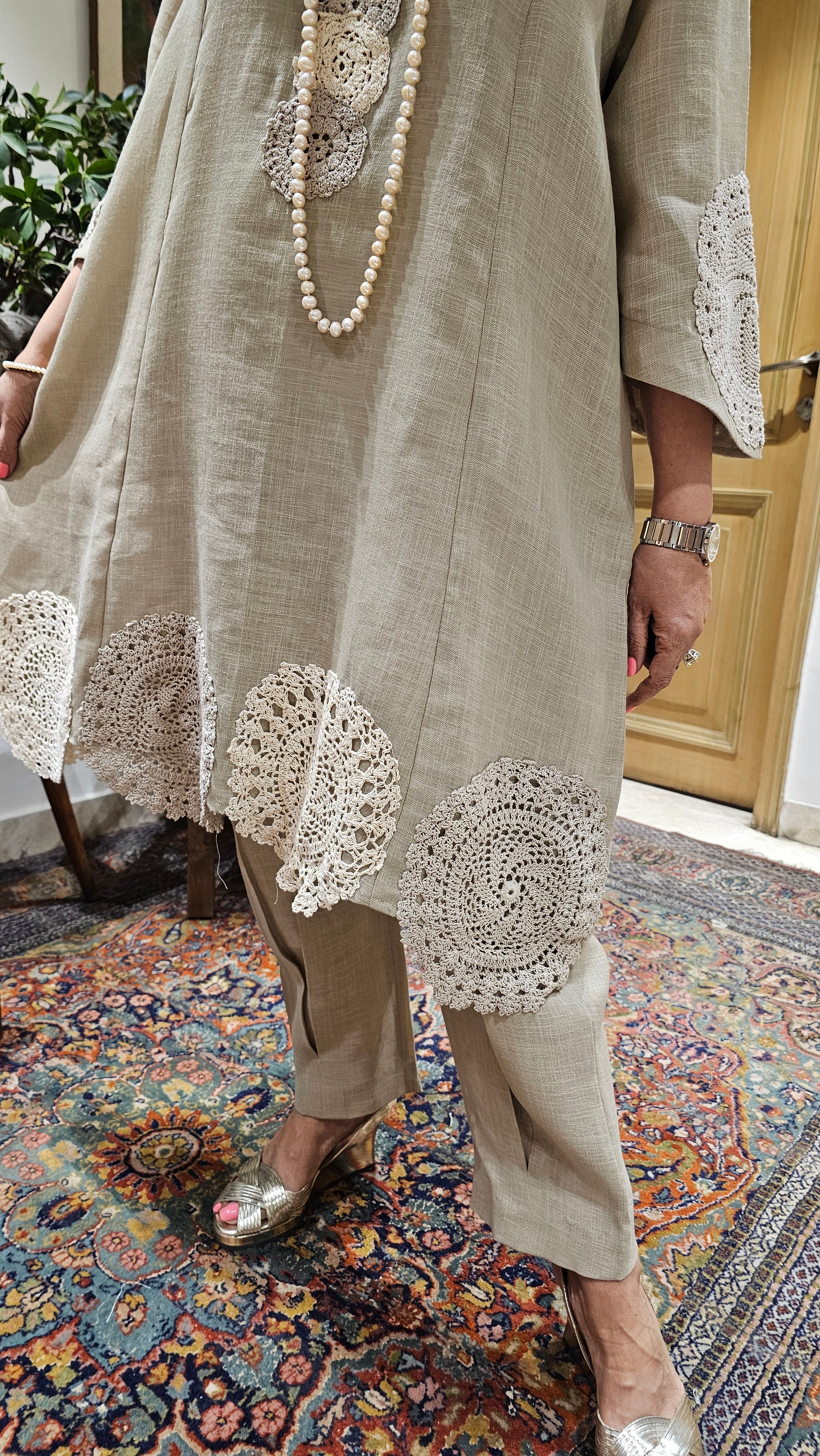 Beautiful Pure Linen Top & Bottom with Crochet Work