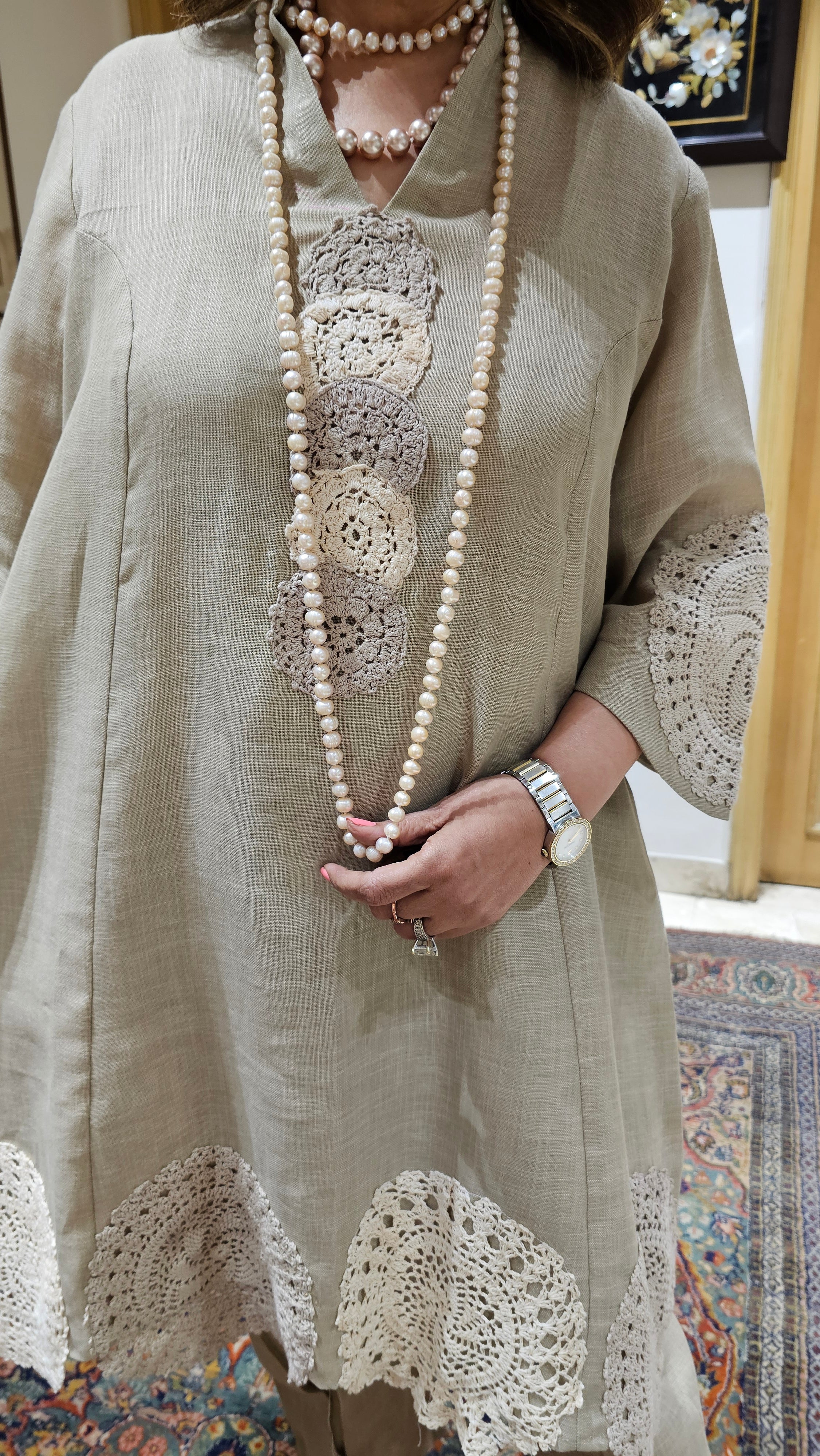 Beautiful Pure Linen Top & Bottom with Crochet Work