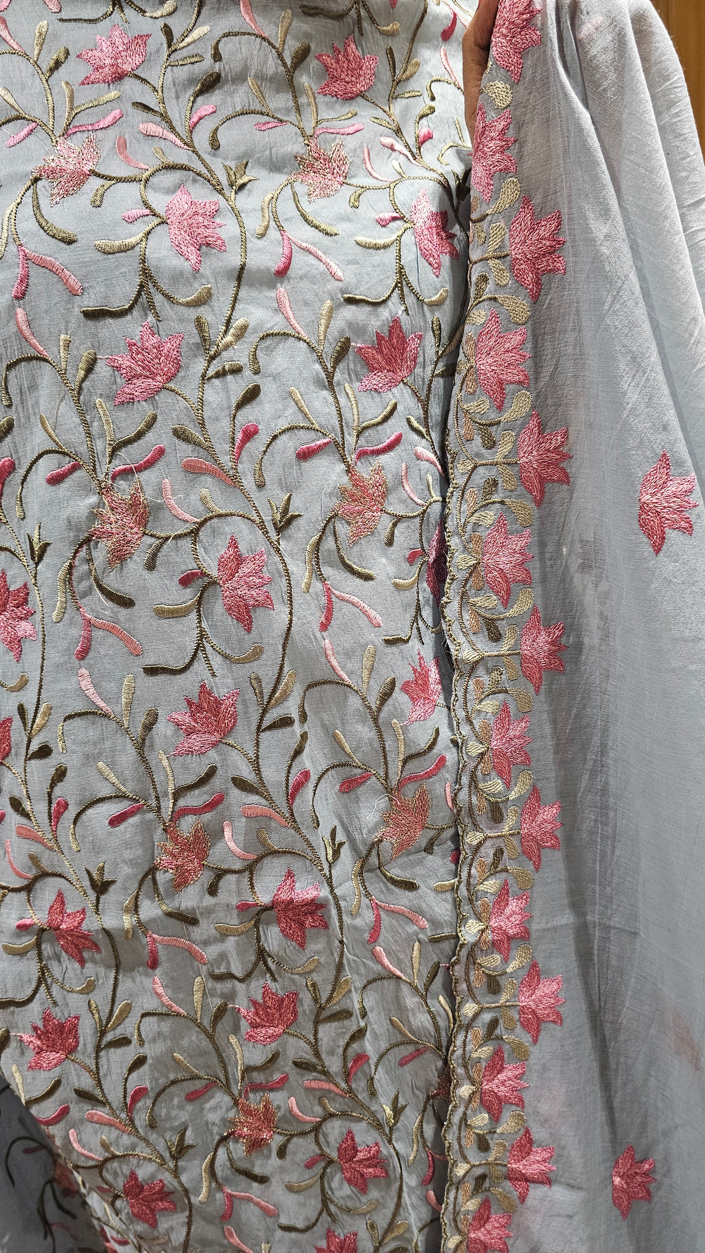 Mesmerising 3 Piece Set with Mul Top & Dupatta with Rayon Bottom with Floral Thread work