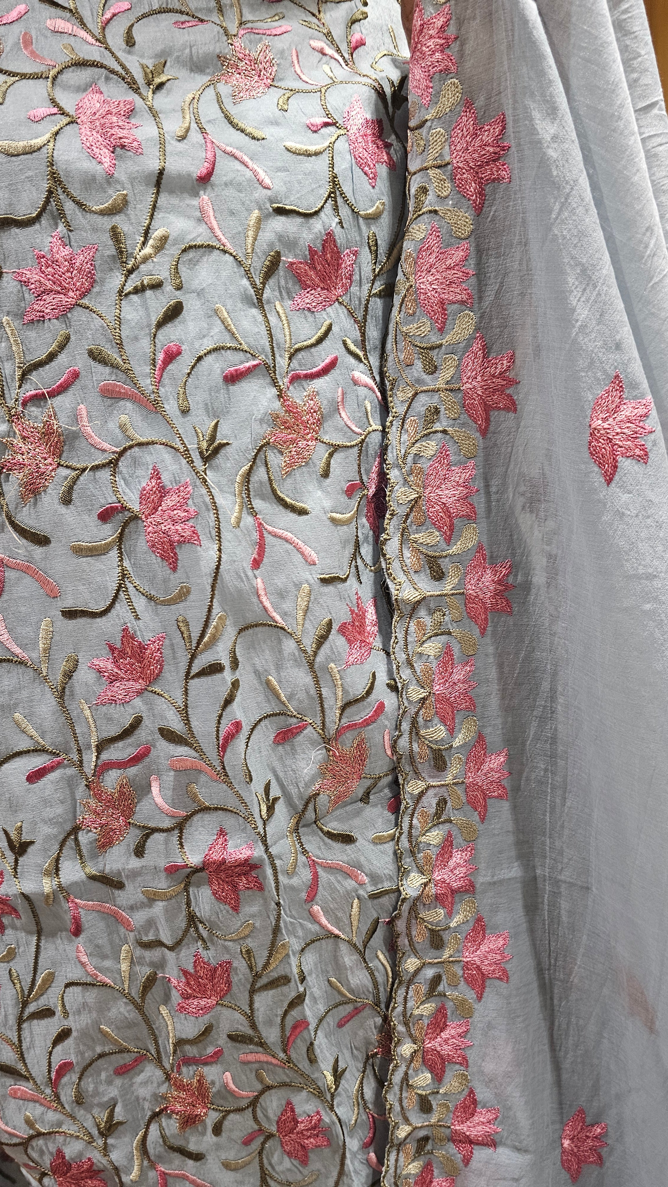 Mesmerising 3 Piece Set with Mul Top & Dupatta with Rayon Bottom with Floral Thread work