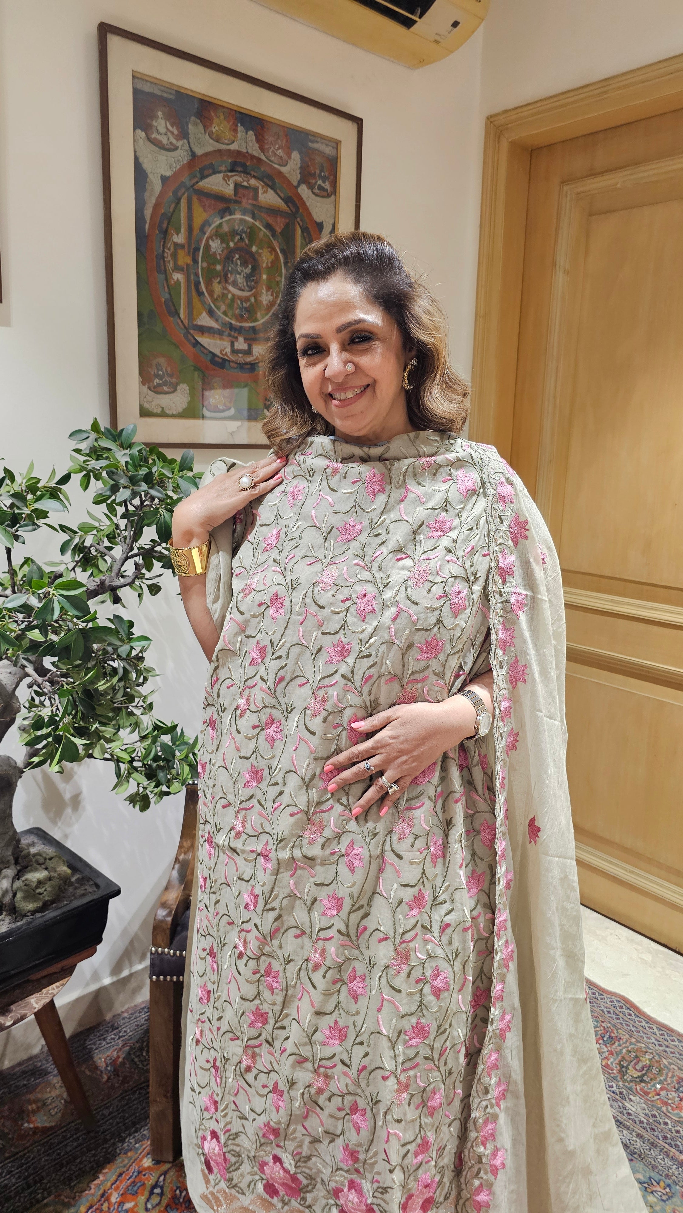 Mesmerising 3 Piece Set with Mul Top & Dupatta with Rayon Bottom with Floral Thread work