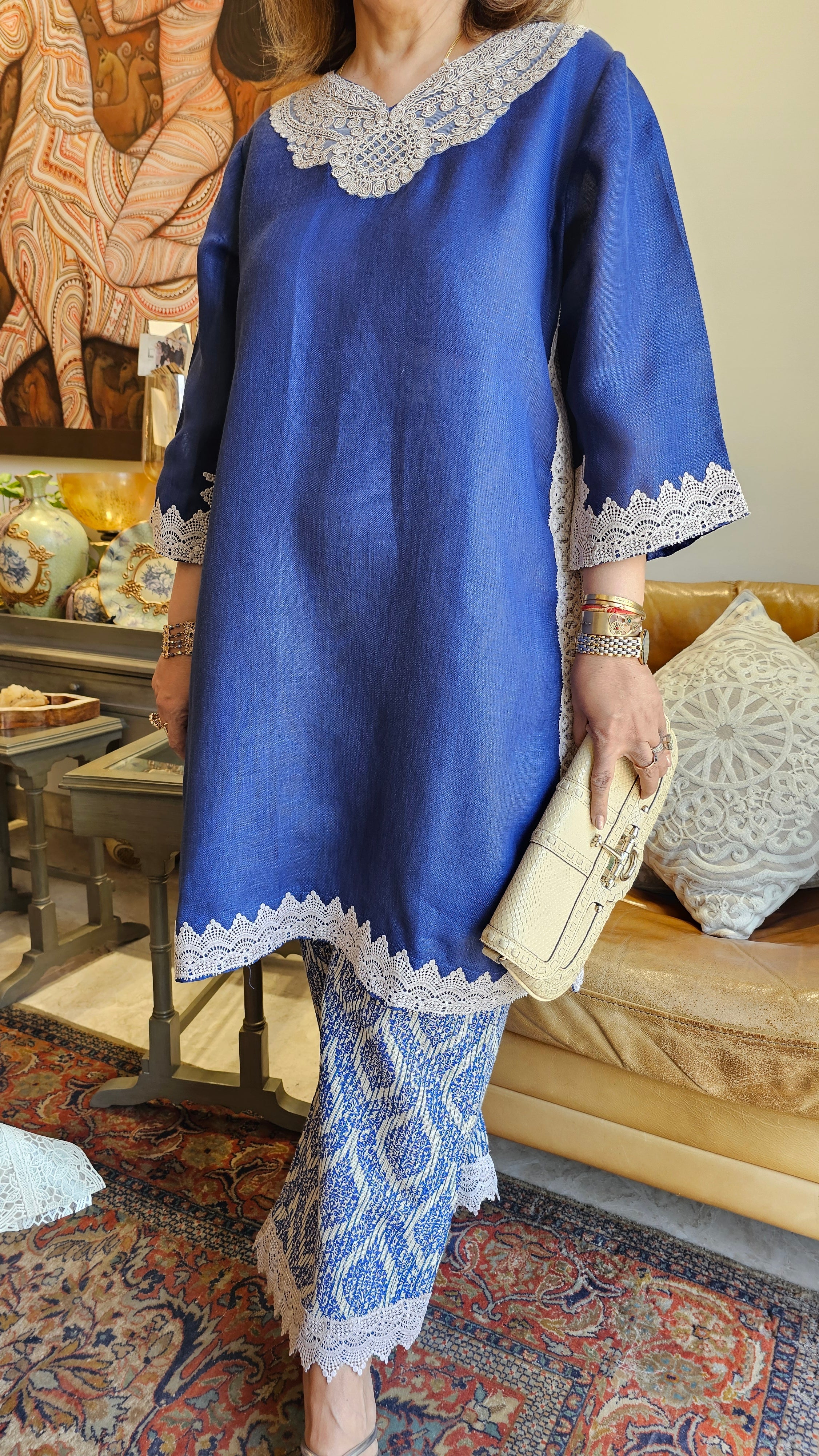 Beautiful Linen Outfit with Lace and Dori Work