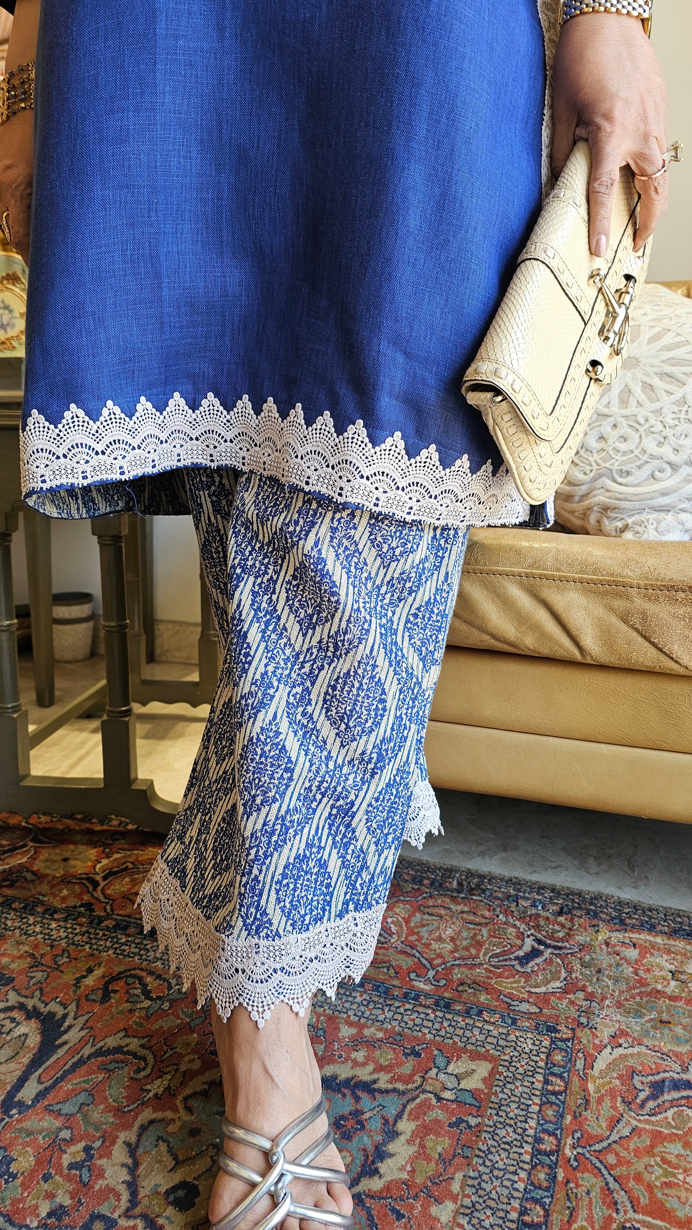 Beautiful Linen Outfit with Lace and Dori Work