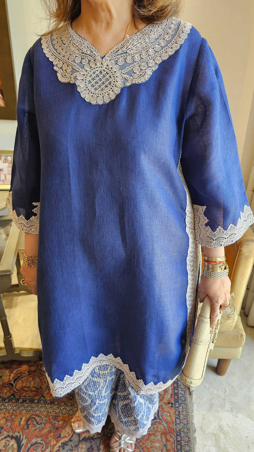 Beautiful Linen Outfit with Lace and Dori Work