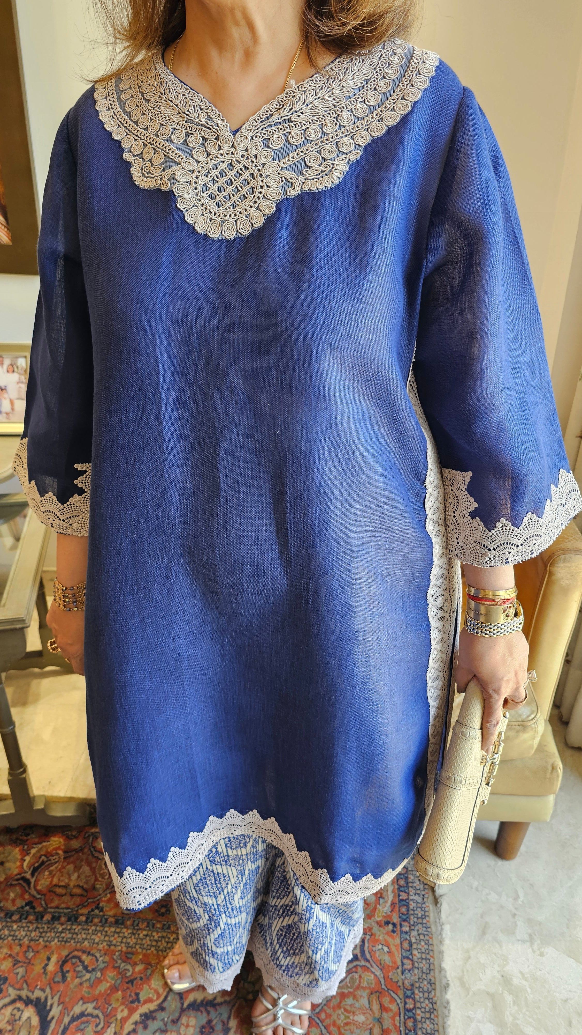 Beautiful Linen Outfit with Lace and Dori Work