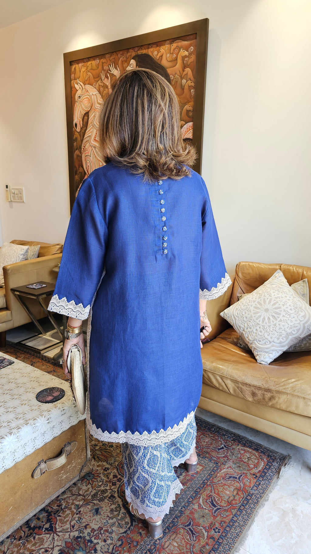 Beautiful Linen Outfit with Lace and Dori Work