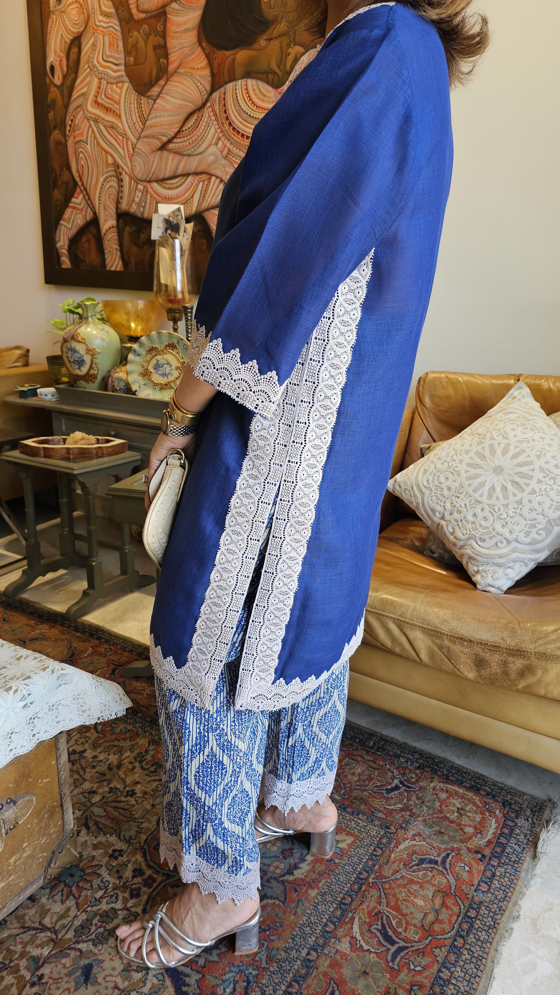Beautiful Linen Outfit with Lace and Dori Work