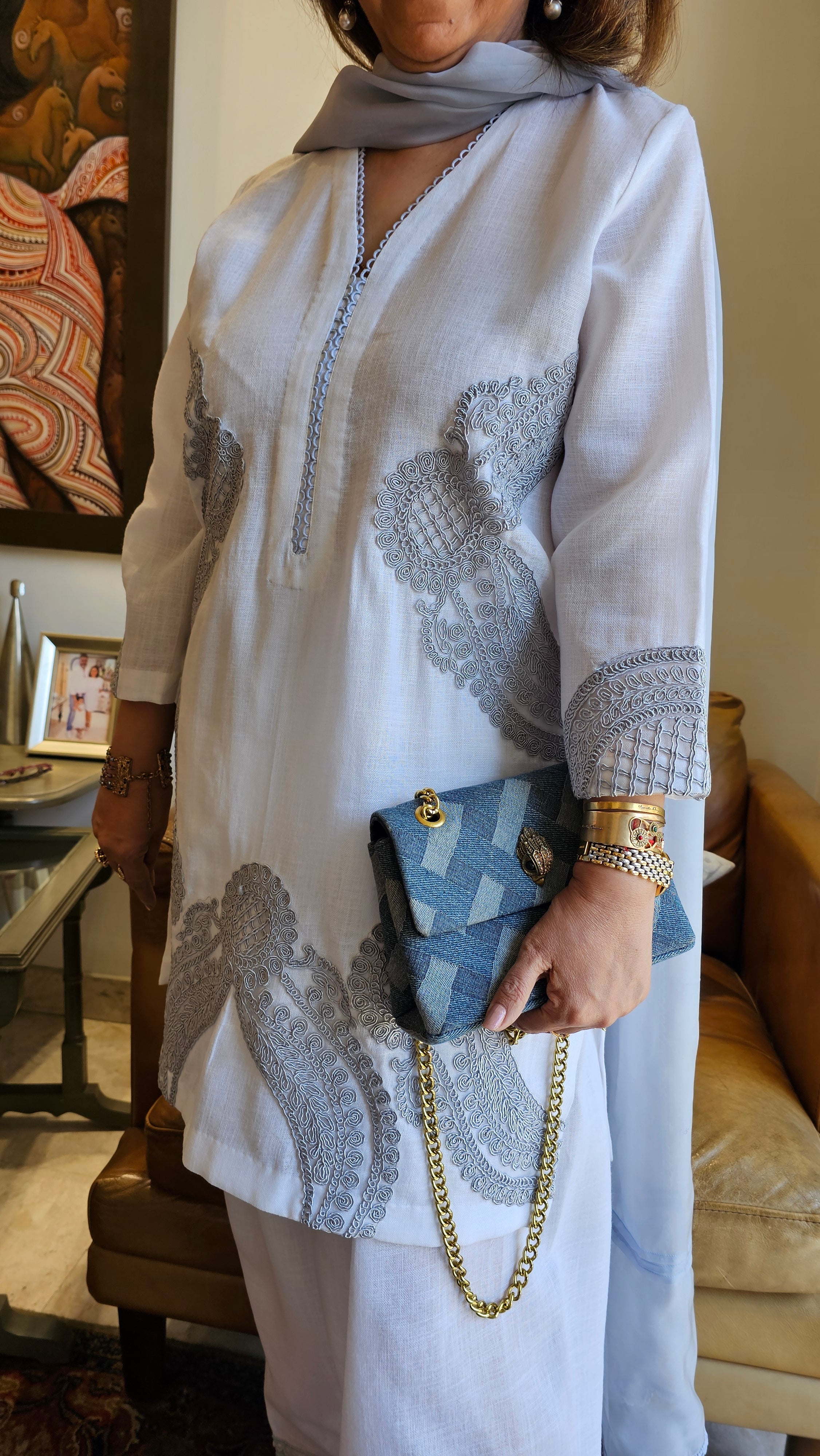 Mesmerising Linen Top and Bottom with Dori work with organza Dupatta