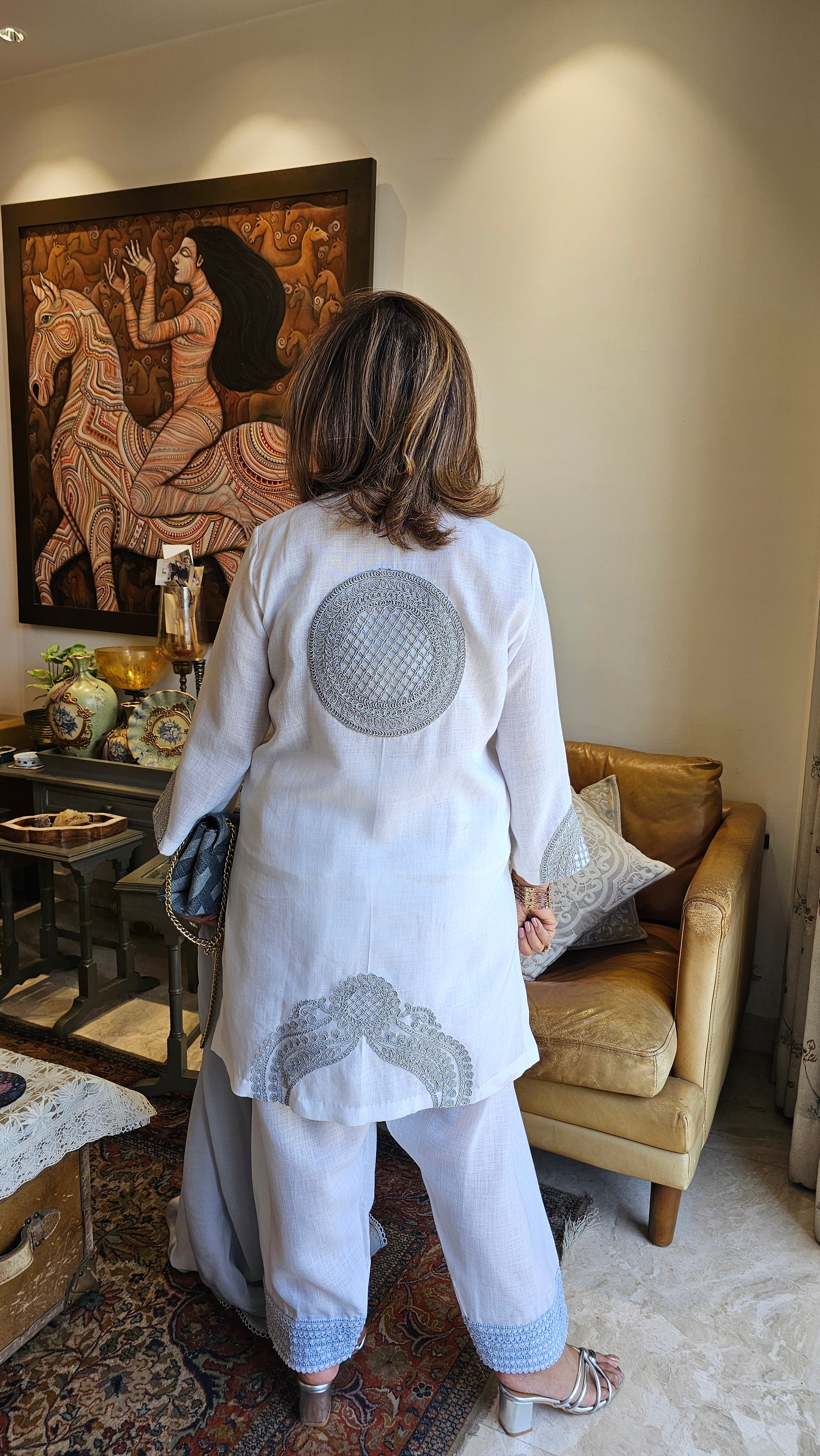 Mesmerising Linen Top and Bottom with Dori work with organza Dupatta