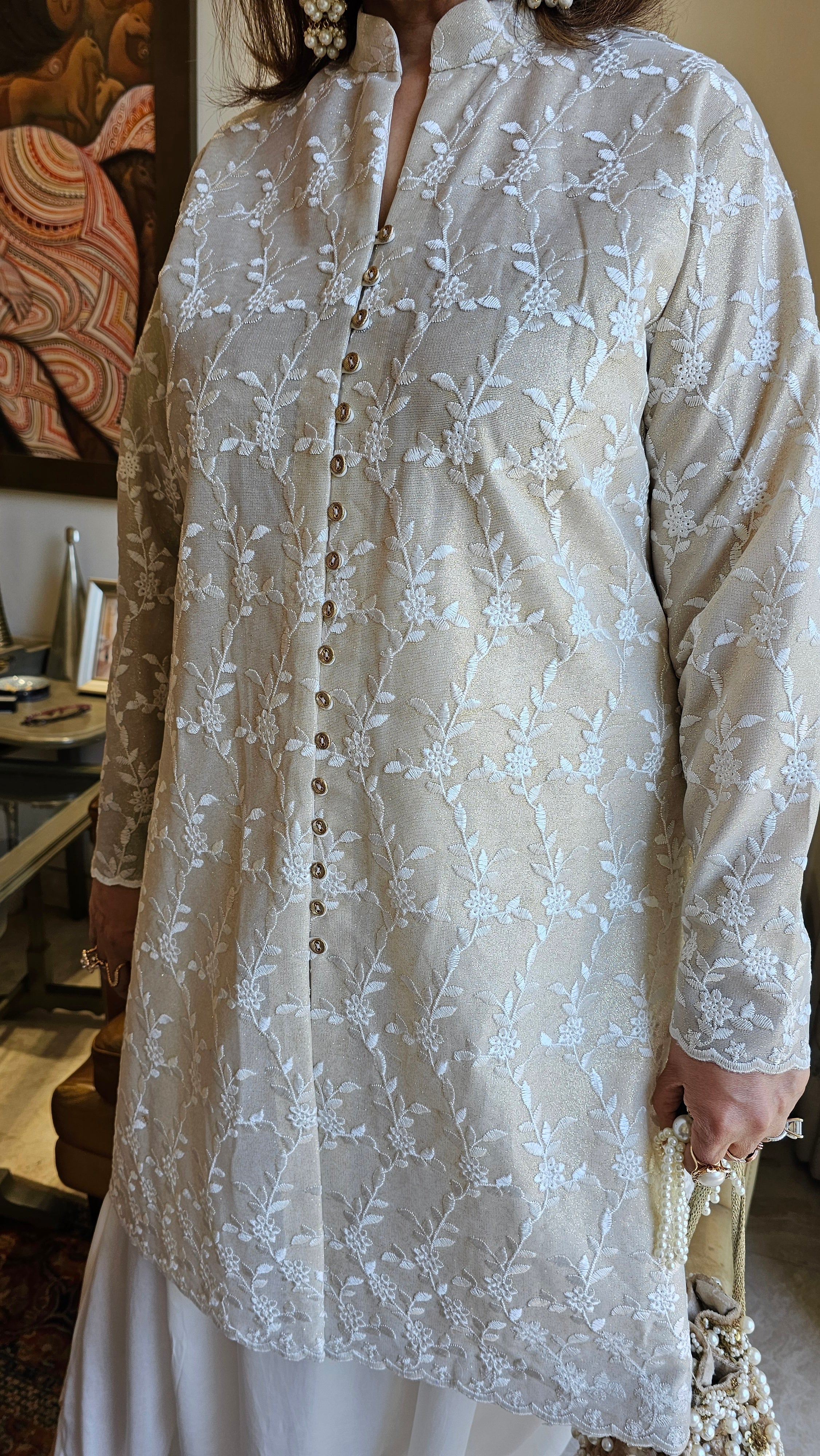 Stunning Summer Blended Shimmer Outfit with Resham Work & Drop Crotch pants in Cotton Satin Blend