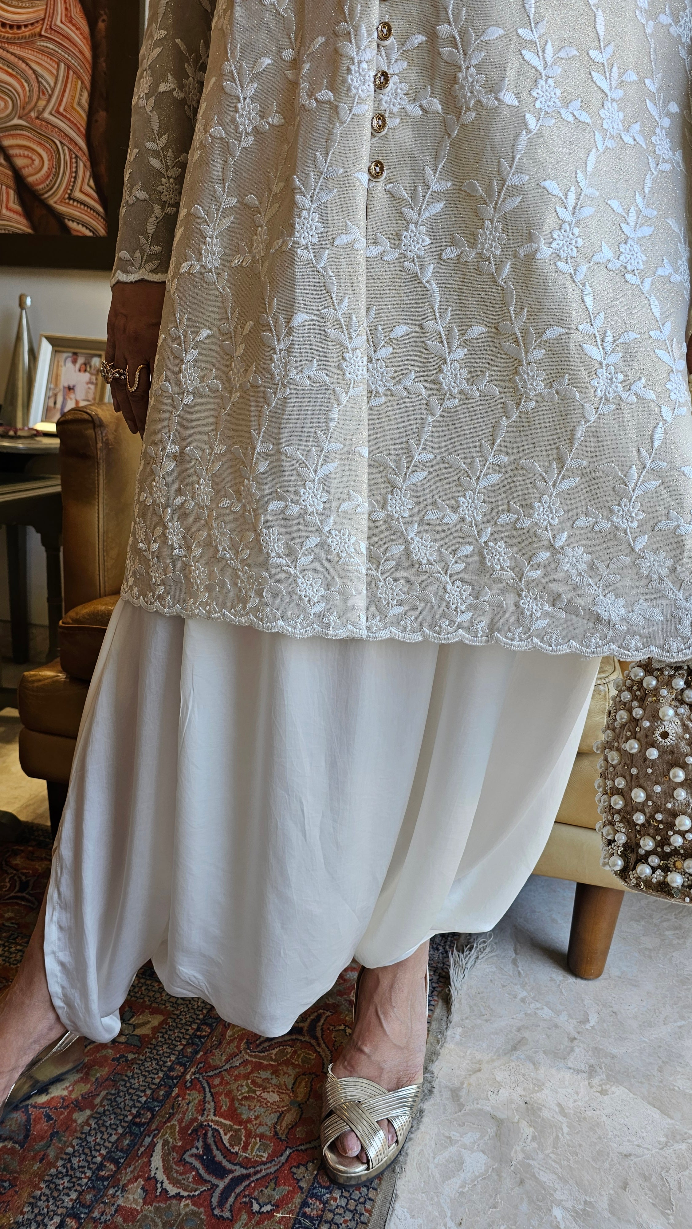 Stunning Summer Blended Shimmer Outfit with Resham Work & Drop Crotch pants in Cotton Satin Blend