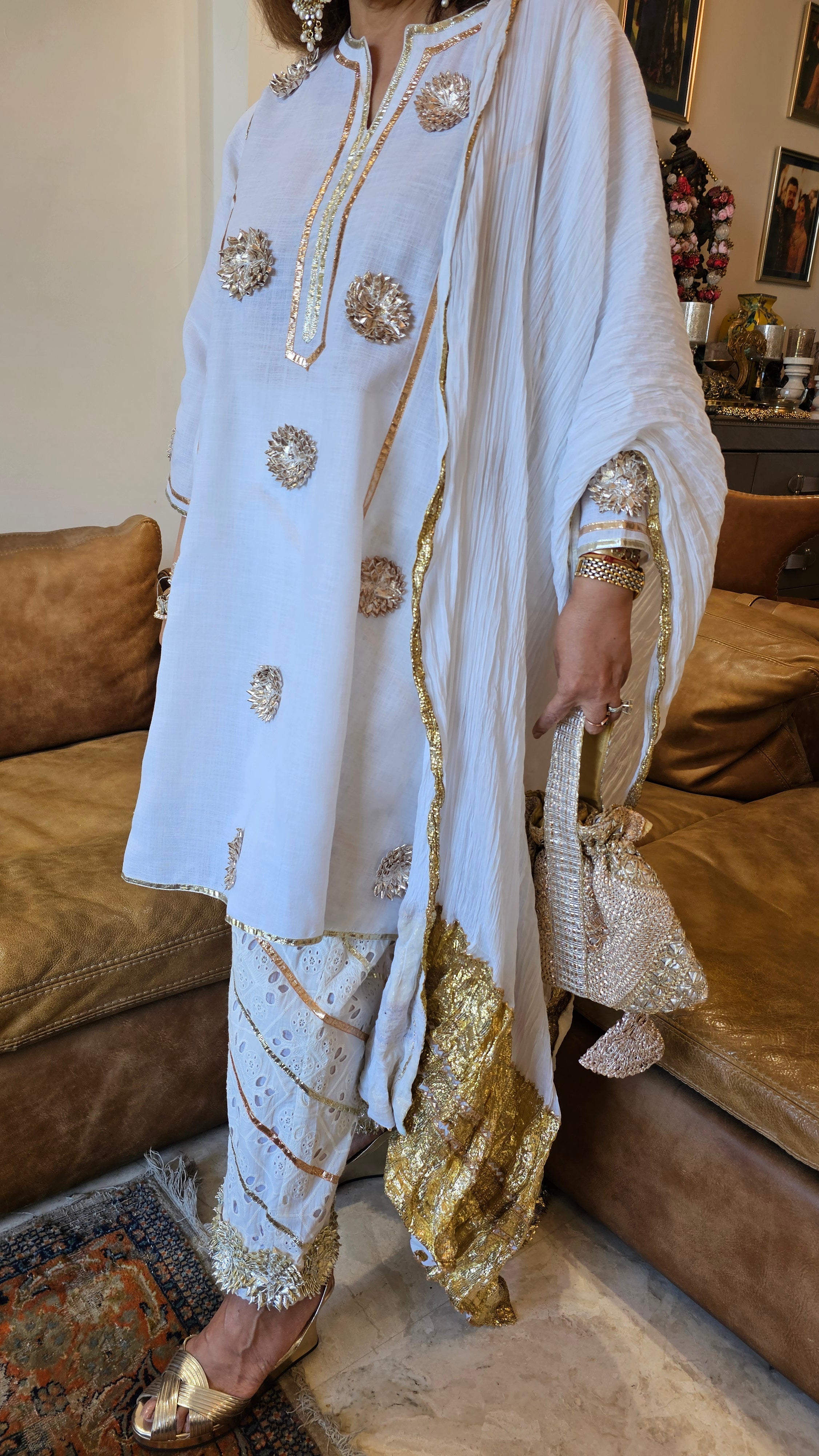 Beautiful Linen Kurta with Chicken Cutwork pants Embellished with Gota Kinari work