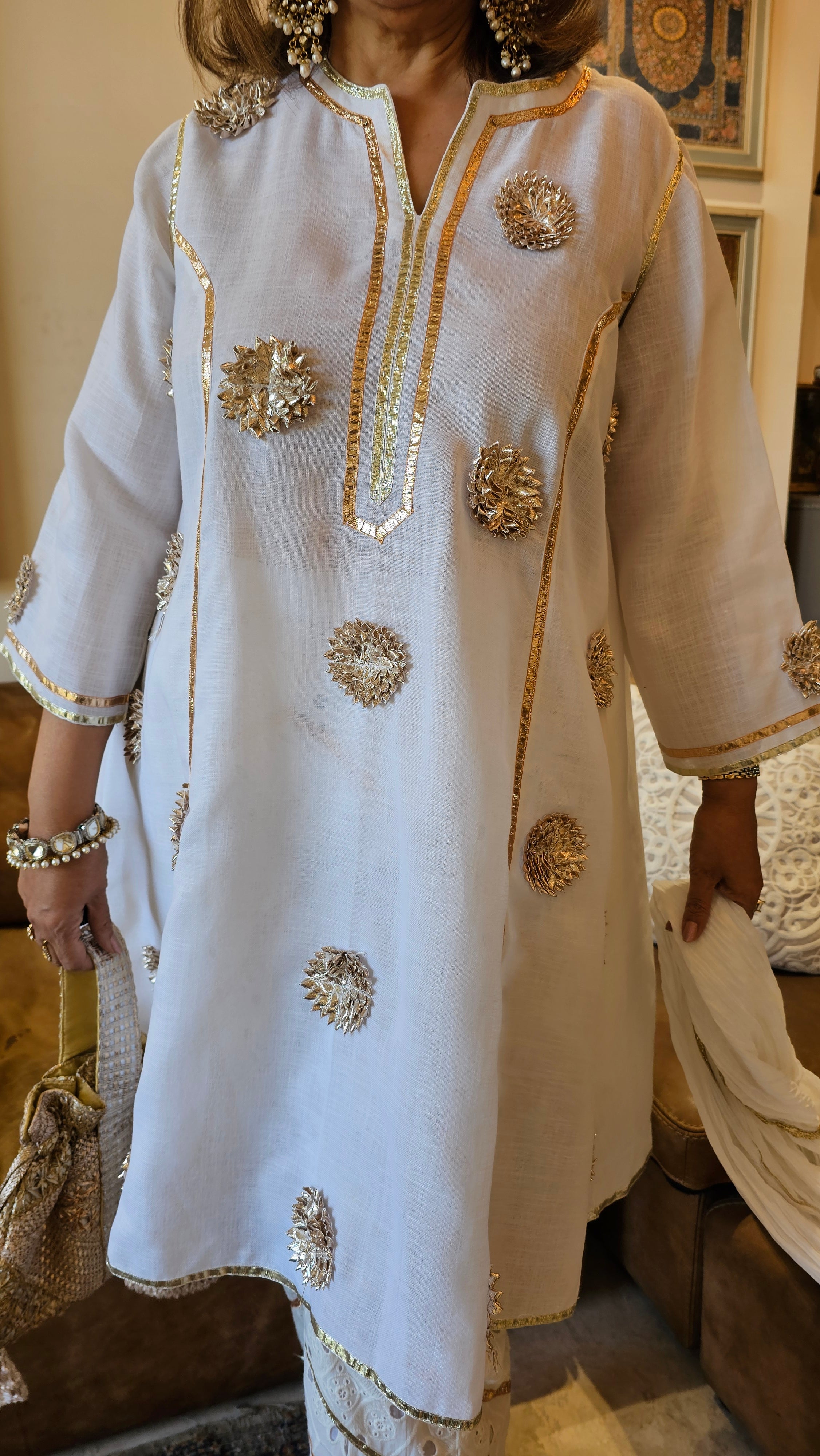 Beautiful Linen Kurta with Chicken Cutwork pants Embellished with Gota Kinari work