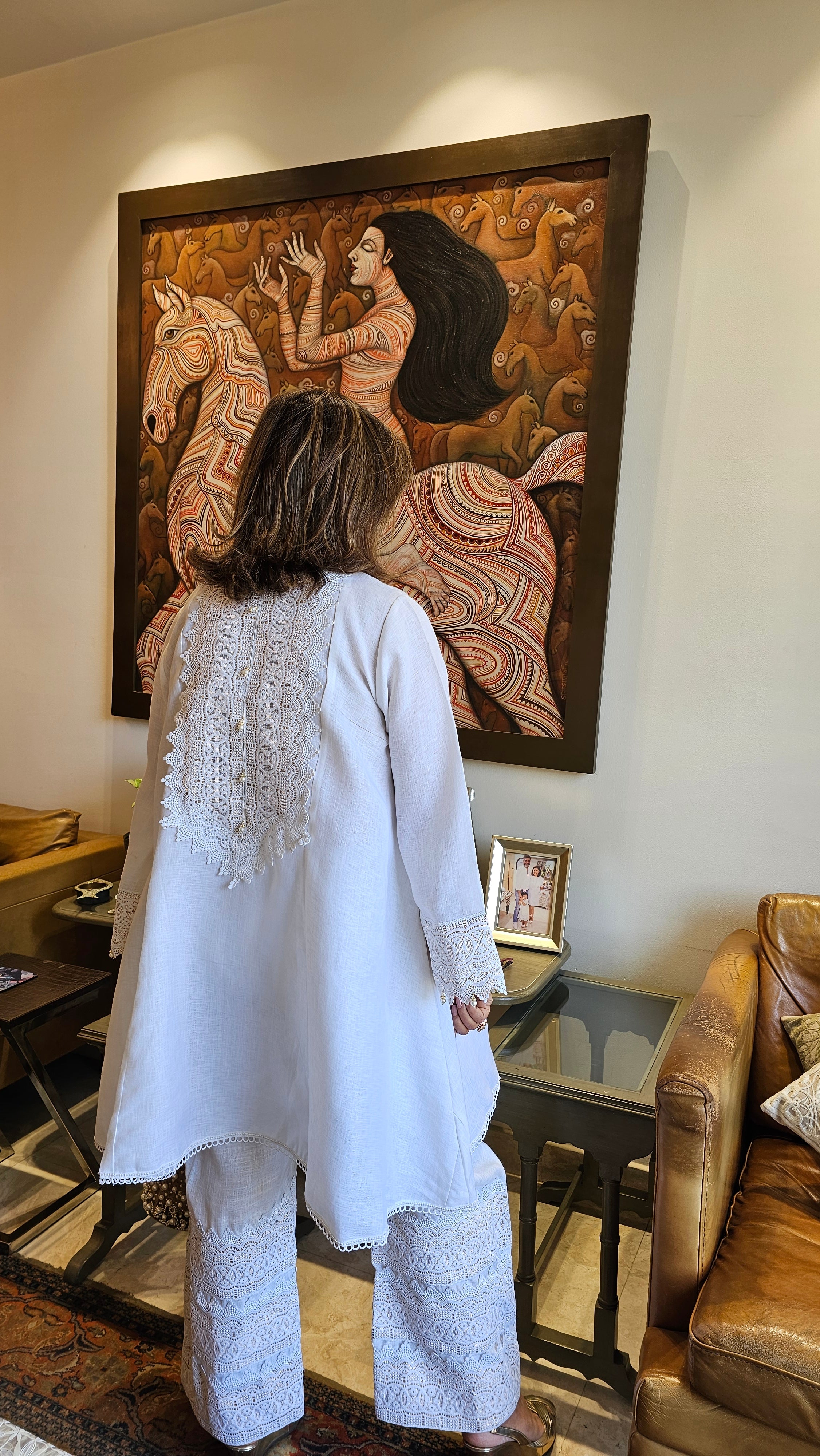 Beautiful Linen with Shimmer & Lace work Outfit Dressed with Bead work