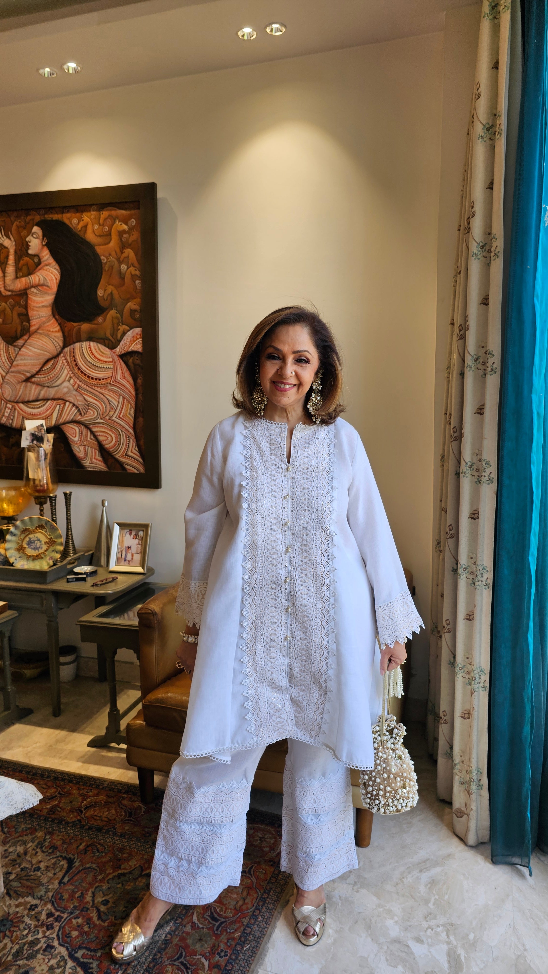 Beautiful Linen with Shimmer & Lace work Outfit Dressed with Bead work