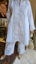 Beautiful Linen with Shimmer & Lace work Outfit Dressed with Bead work