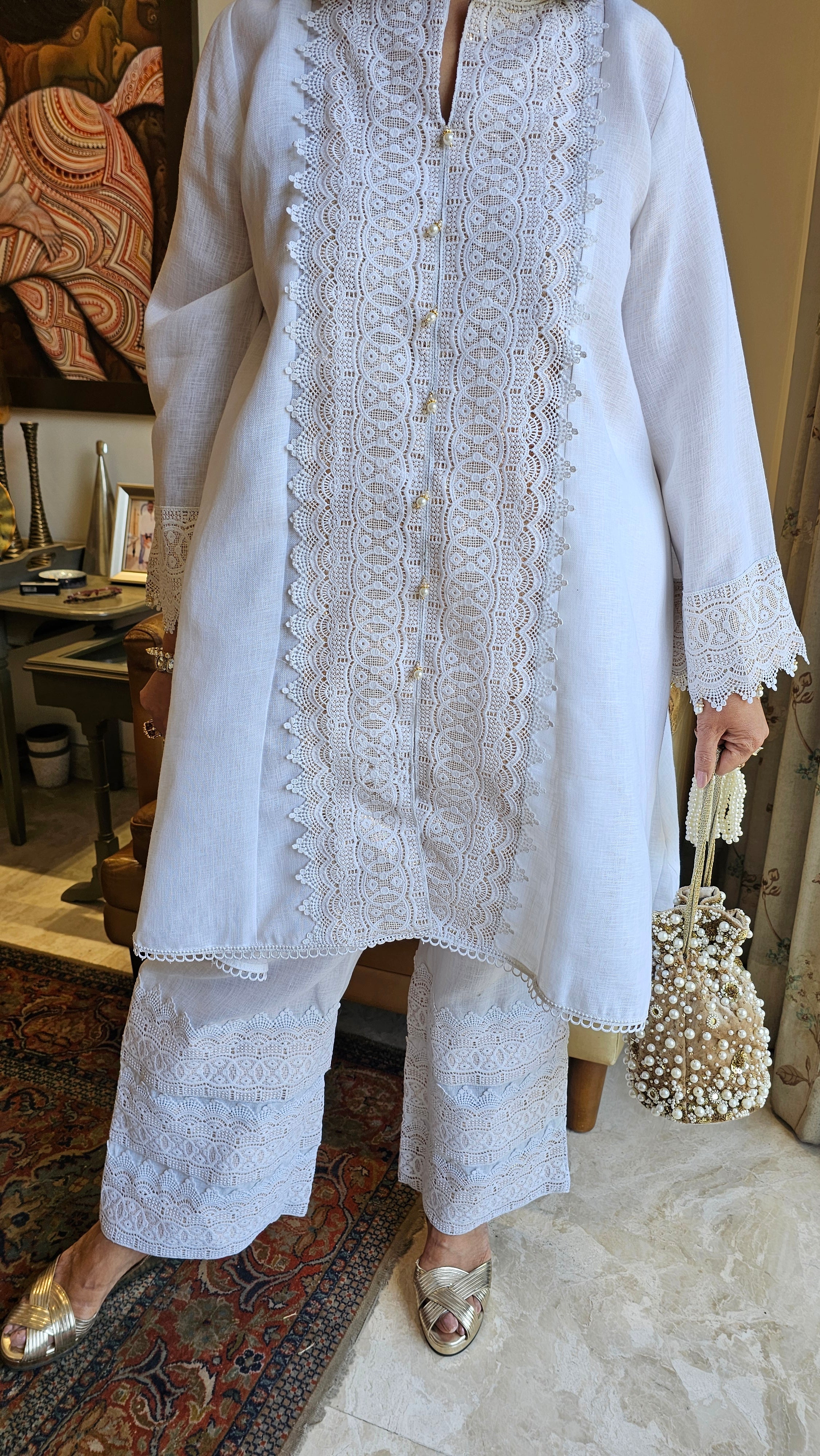 Beautiful Linen with Shimmer & Lace work Outfit Dressed with Bead work