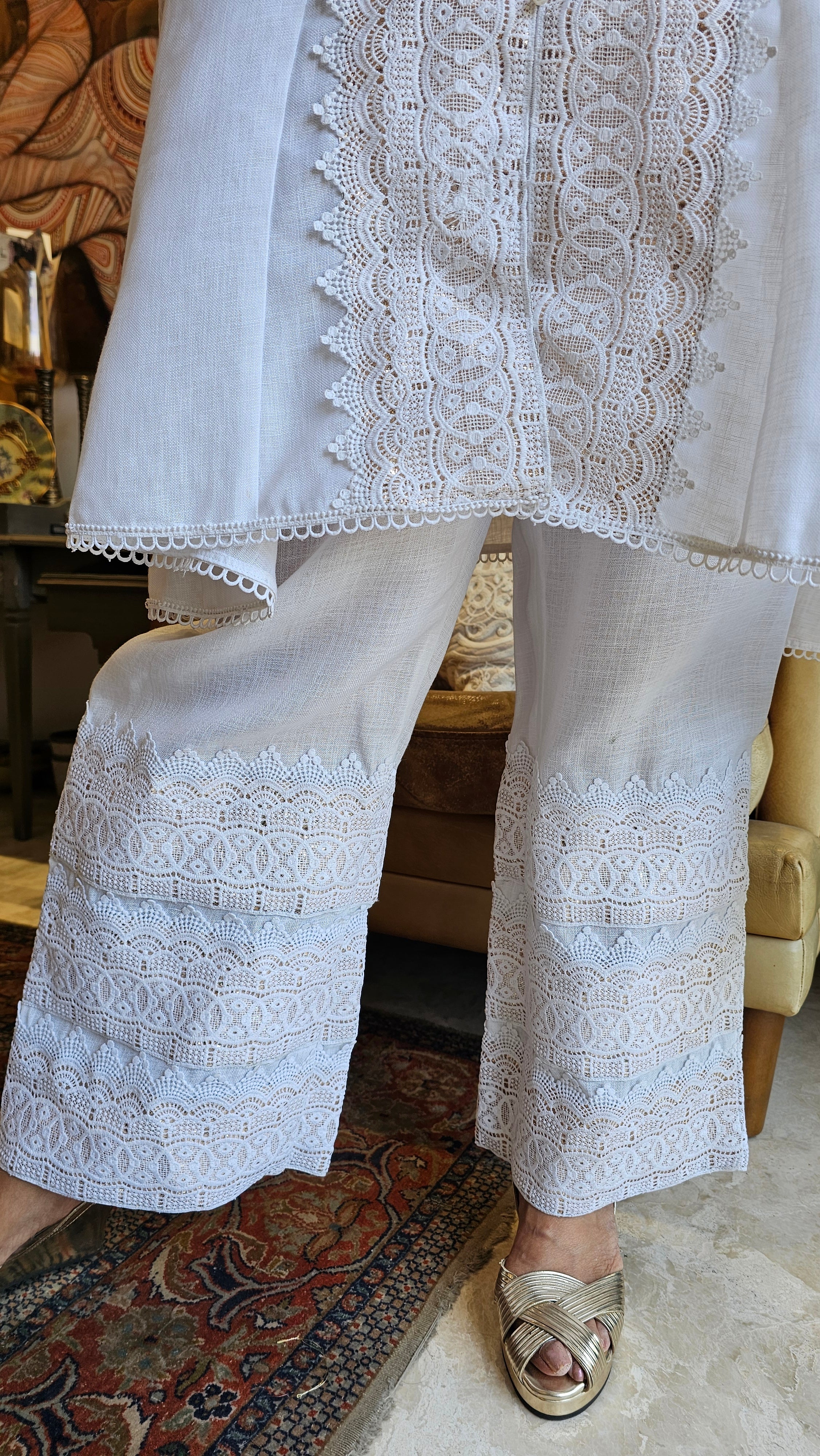Beautiful Linen with Shimmer & Lace work Outfit Dressed with Bead work