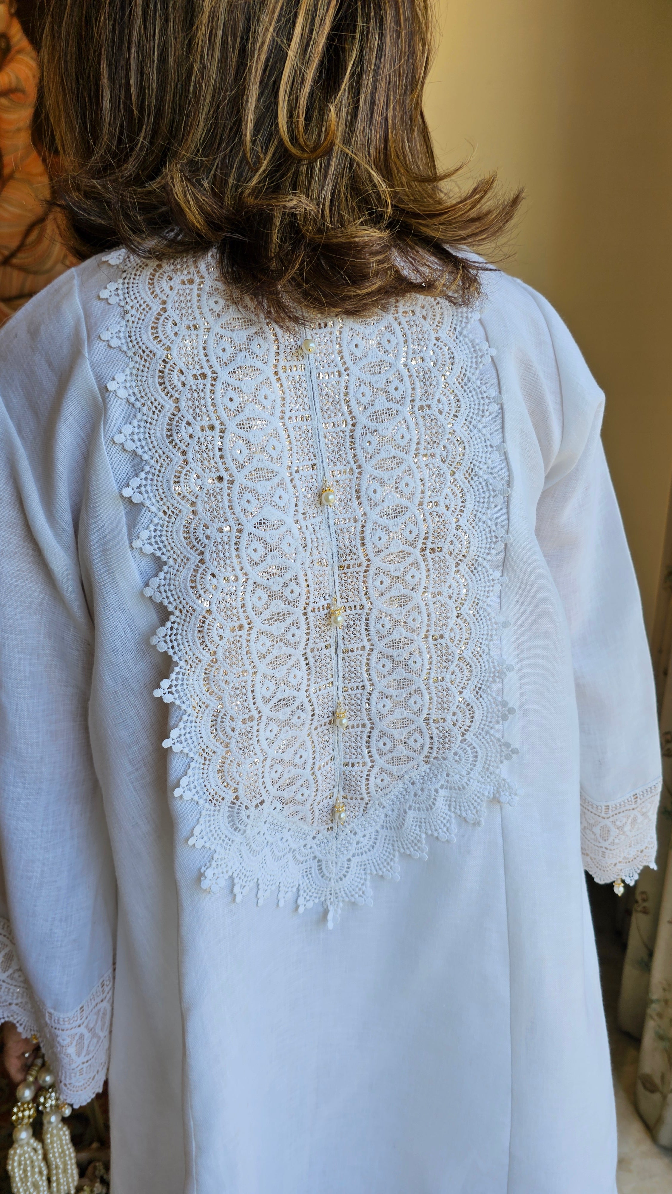 Beautiful Linen with Shimmer & Lace work Outfit Dressed with Bead work