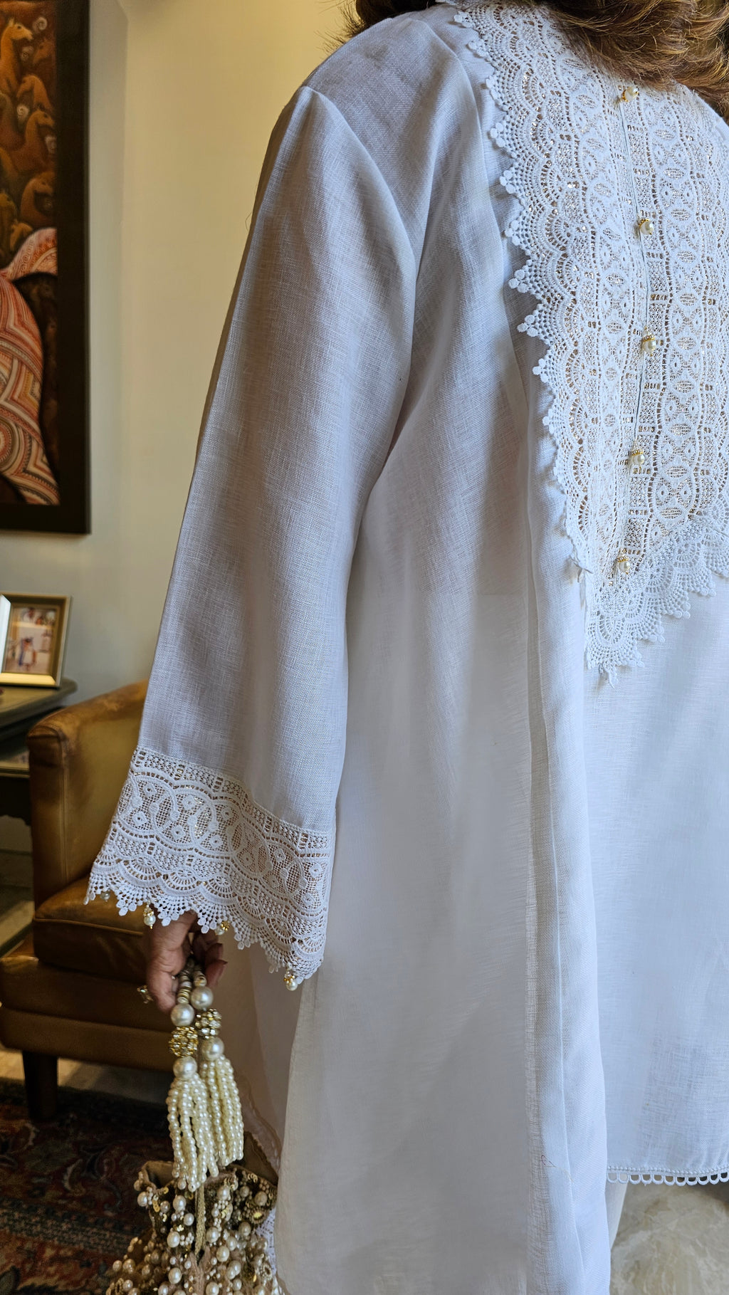 Beautiful Linen with Shimmer & Lace work Outfit Dressed with Bead work