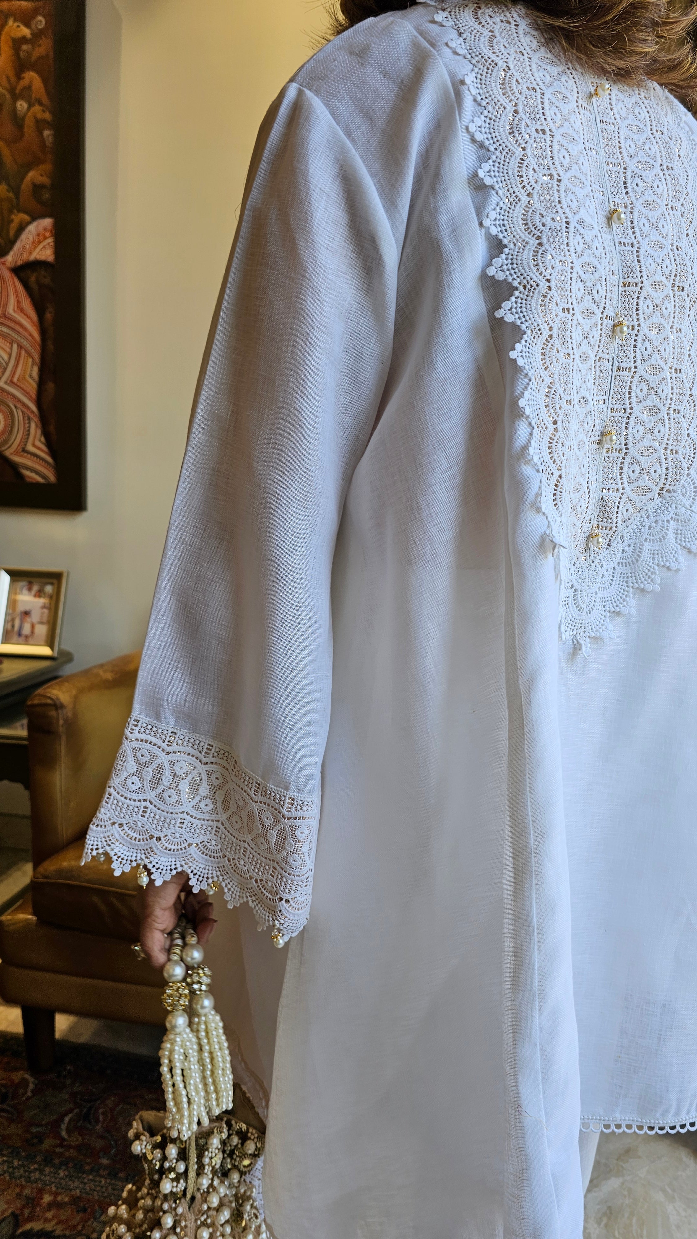 Beautiful Linen with Shimmer & Lace work Outfit Dressed with Bead work