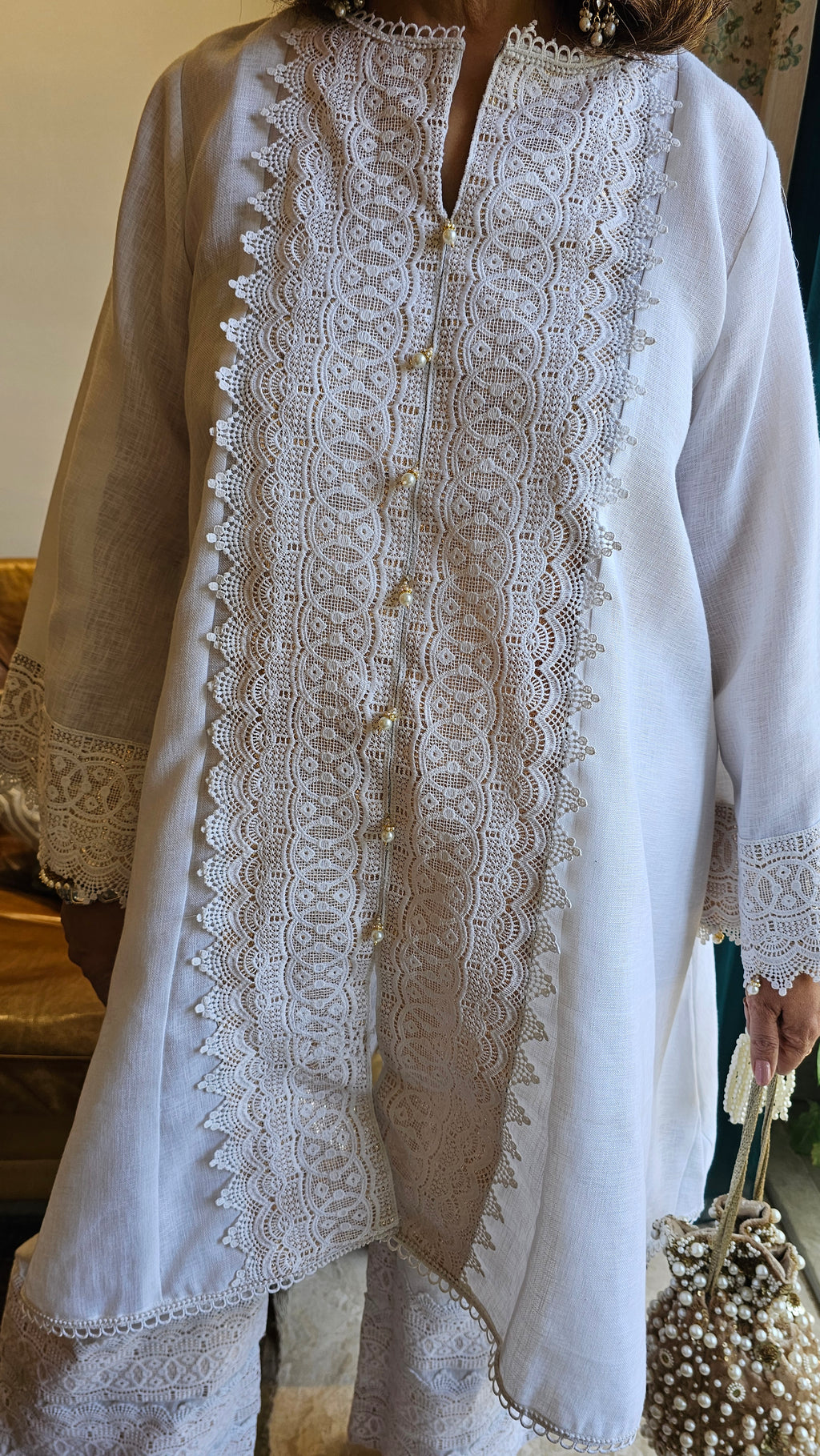Beautiful Linen with Shimmer & Lace work Outfit Dressed with Bead work