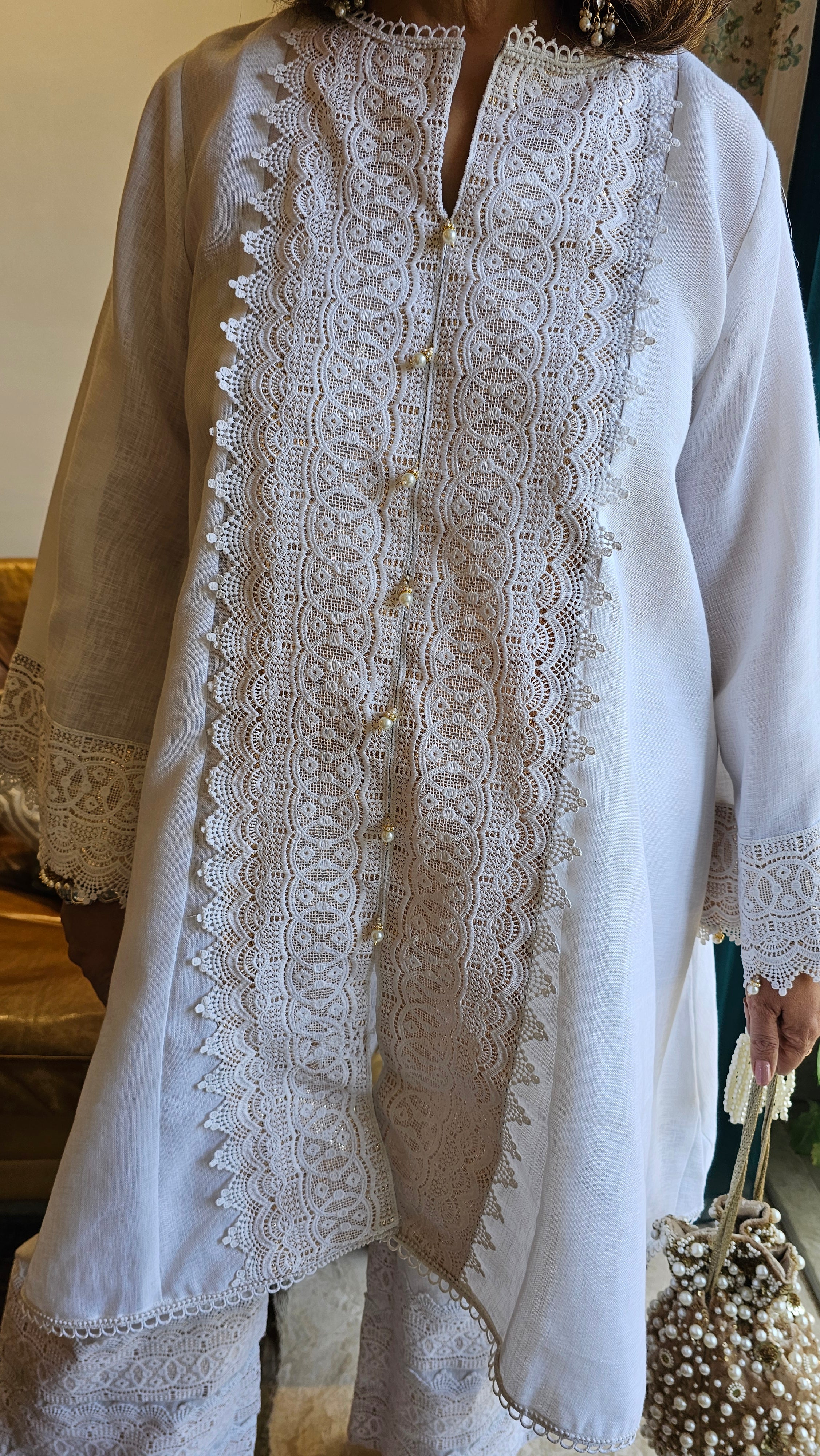 Beautiful Linen with Shimmer & Lace work Outfit Dressed with Bead work