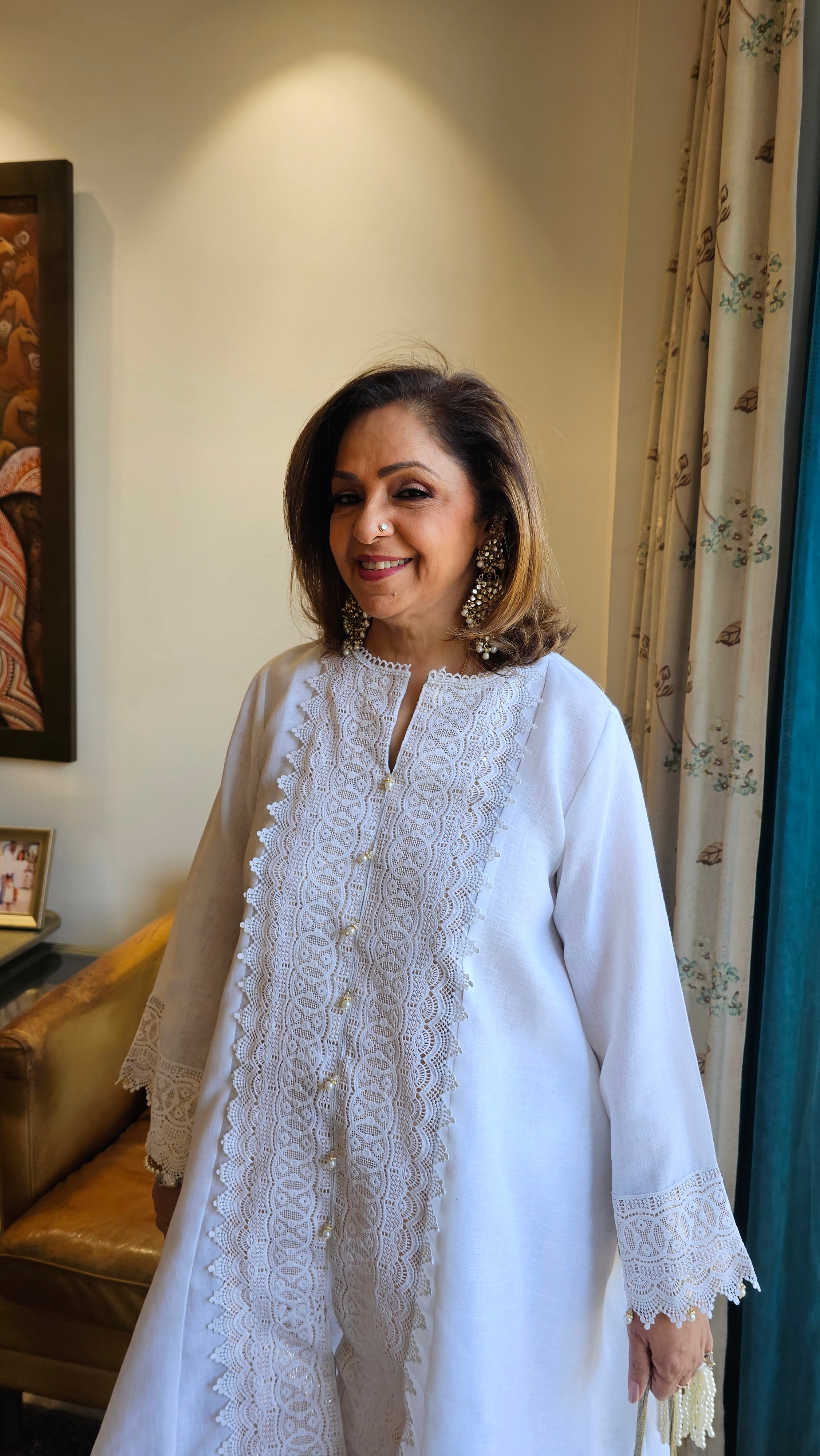 Beautiful Linen with Shimmer & Lace work Outfit Dressed with Bead work
