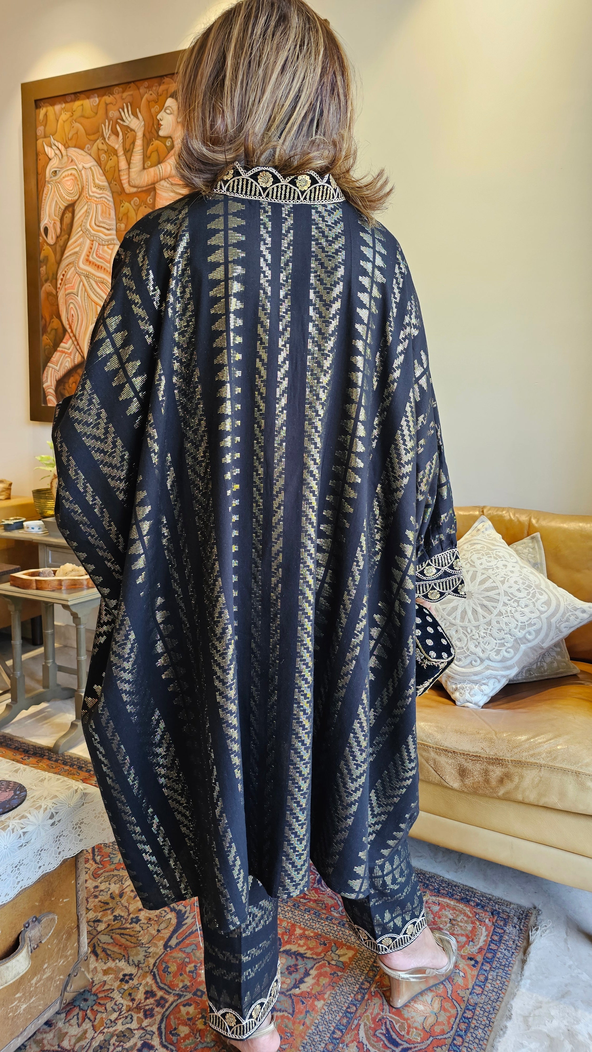 Mesmerising Black and Gold Jacquard Cotton Outfit with Zari & Sippi work