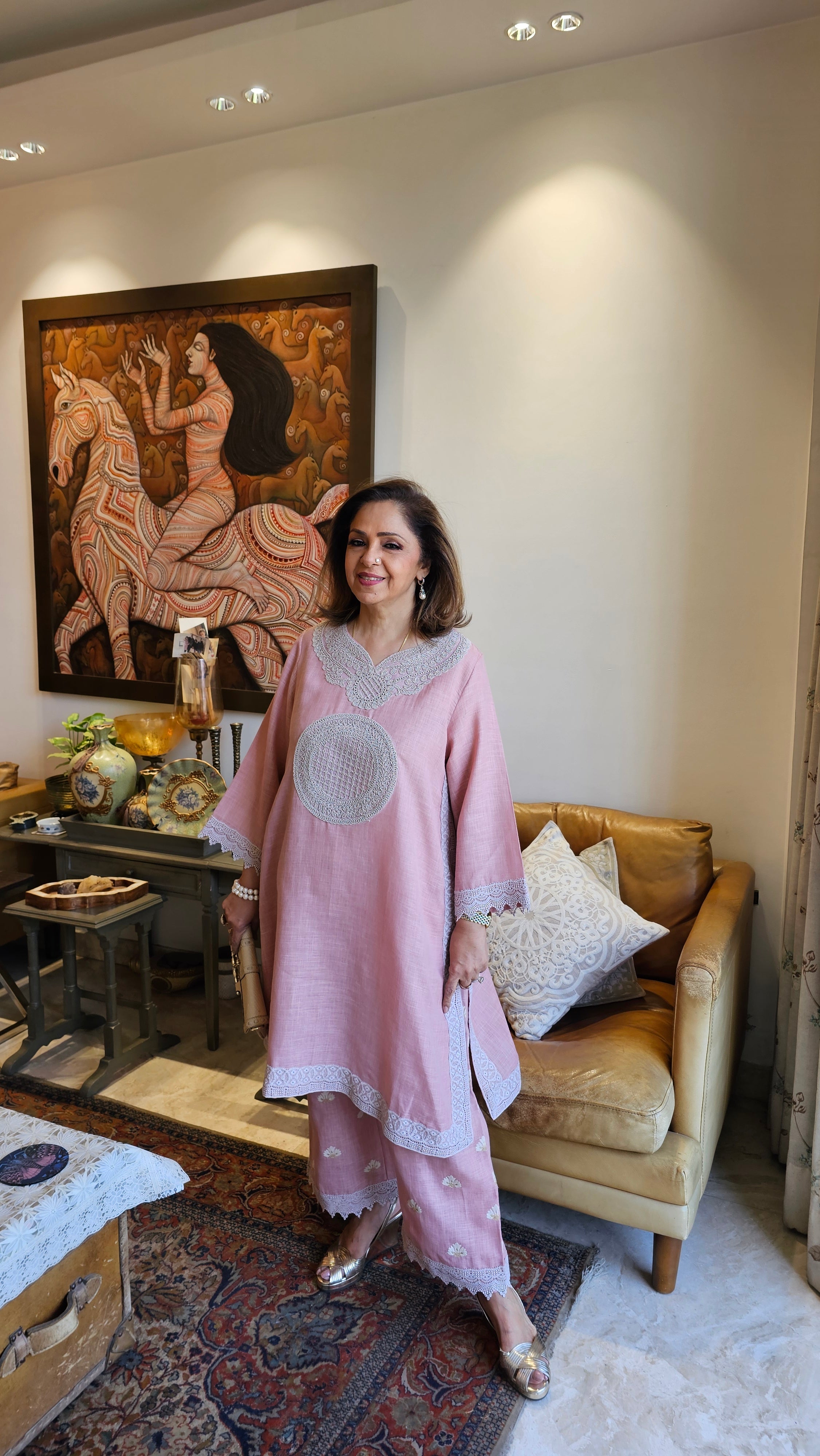 Beautiful Linen Embroidered Pants with Dori work Embroidery Kurta Trimmed with Laces