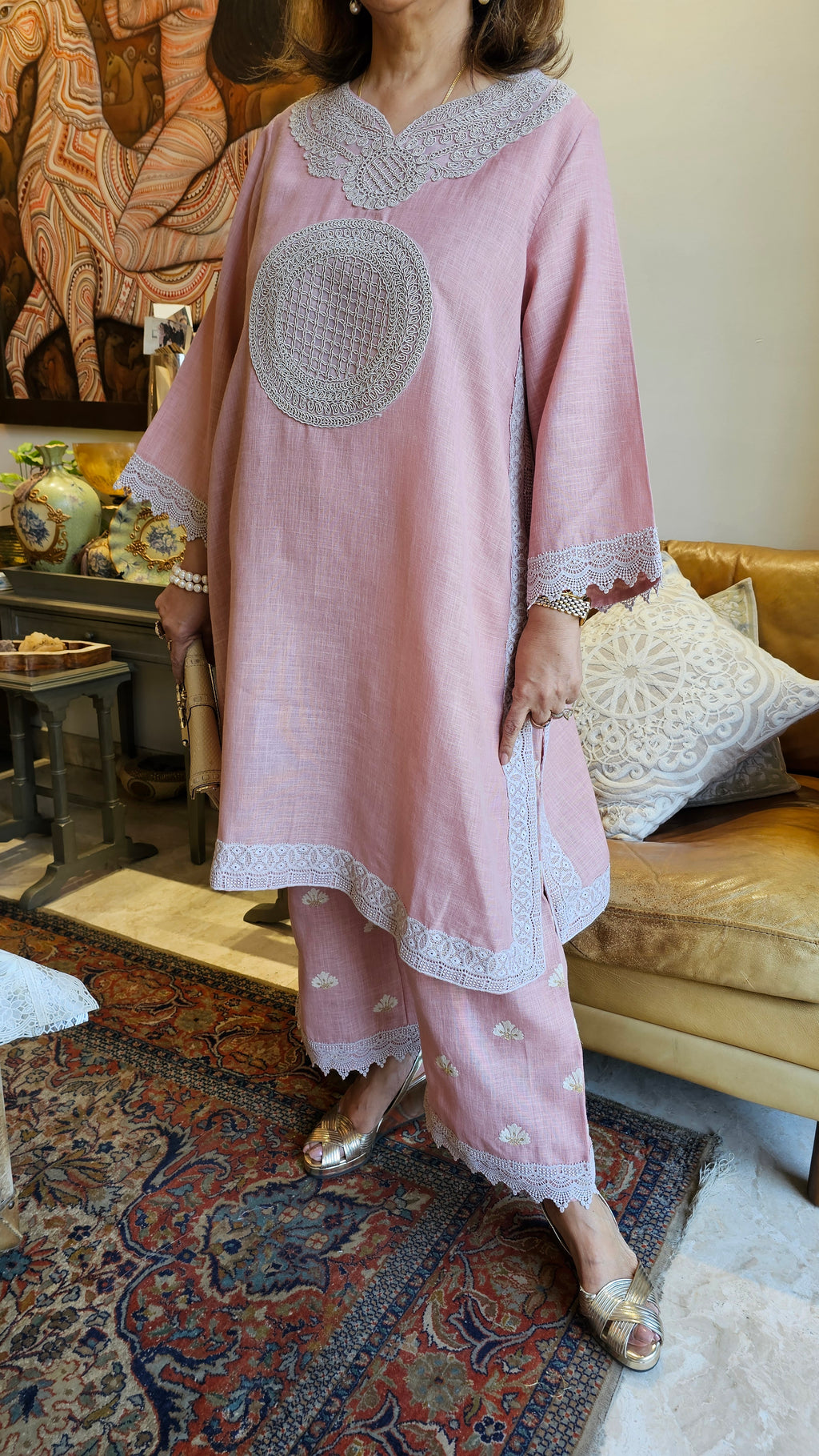 Beautiful Linen Embroidered Pants with Dori work Embroidery Kurta Trimmed with Laces