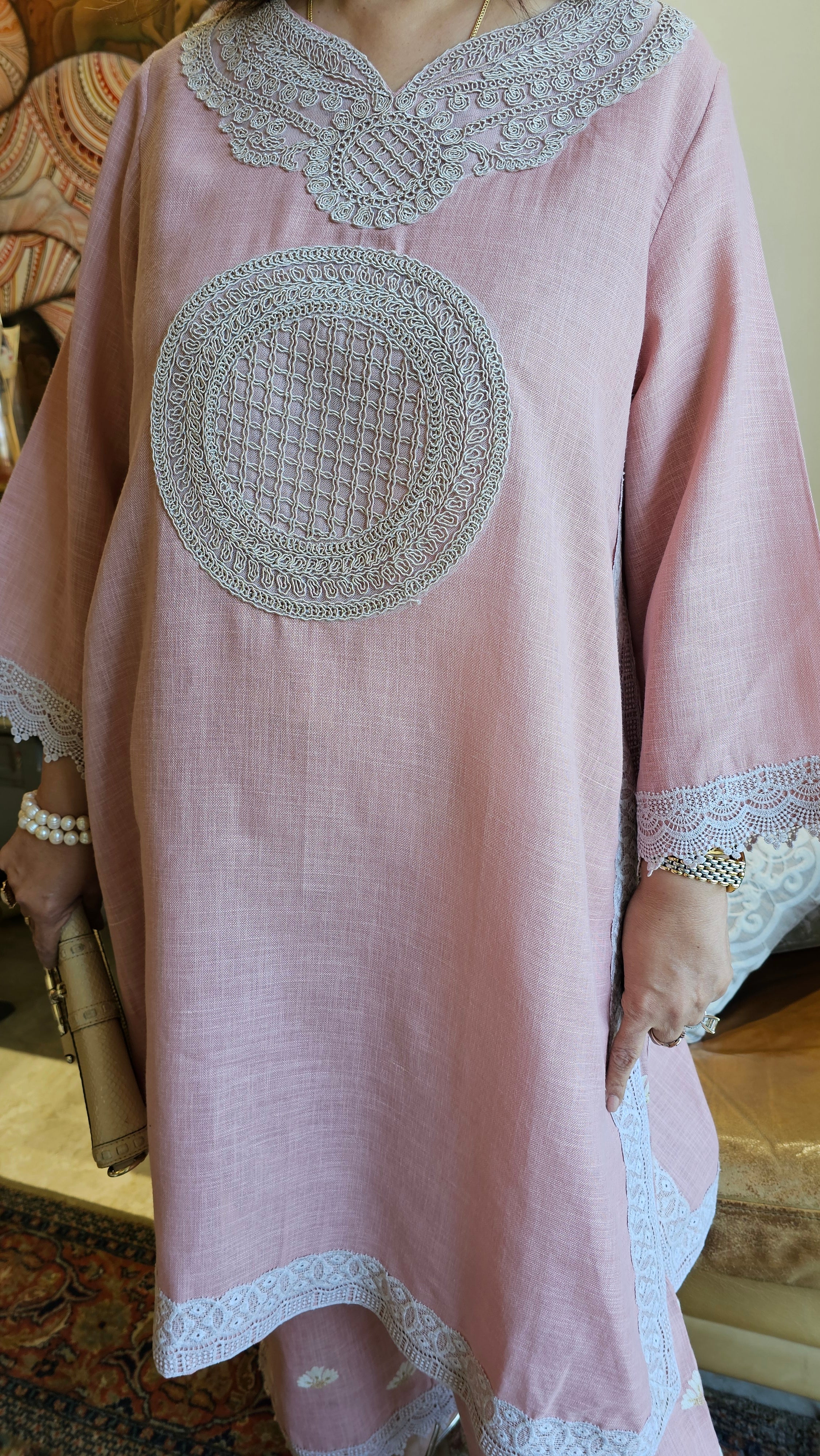 Beautiful Linen Embroidered Pants with Dori work Embroidery Kurta Trimmed with Laces