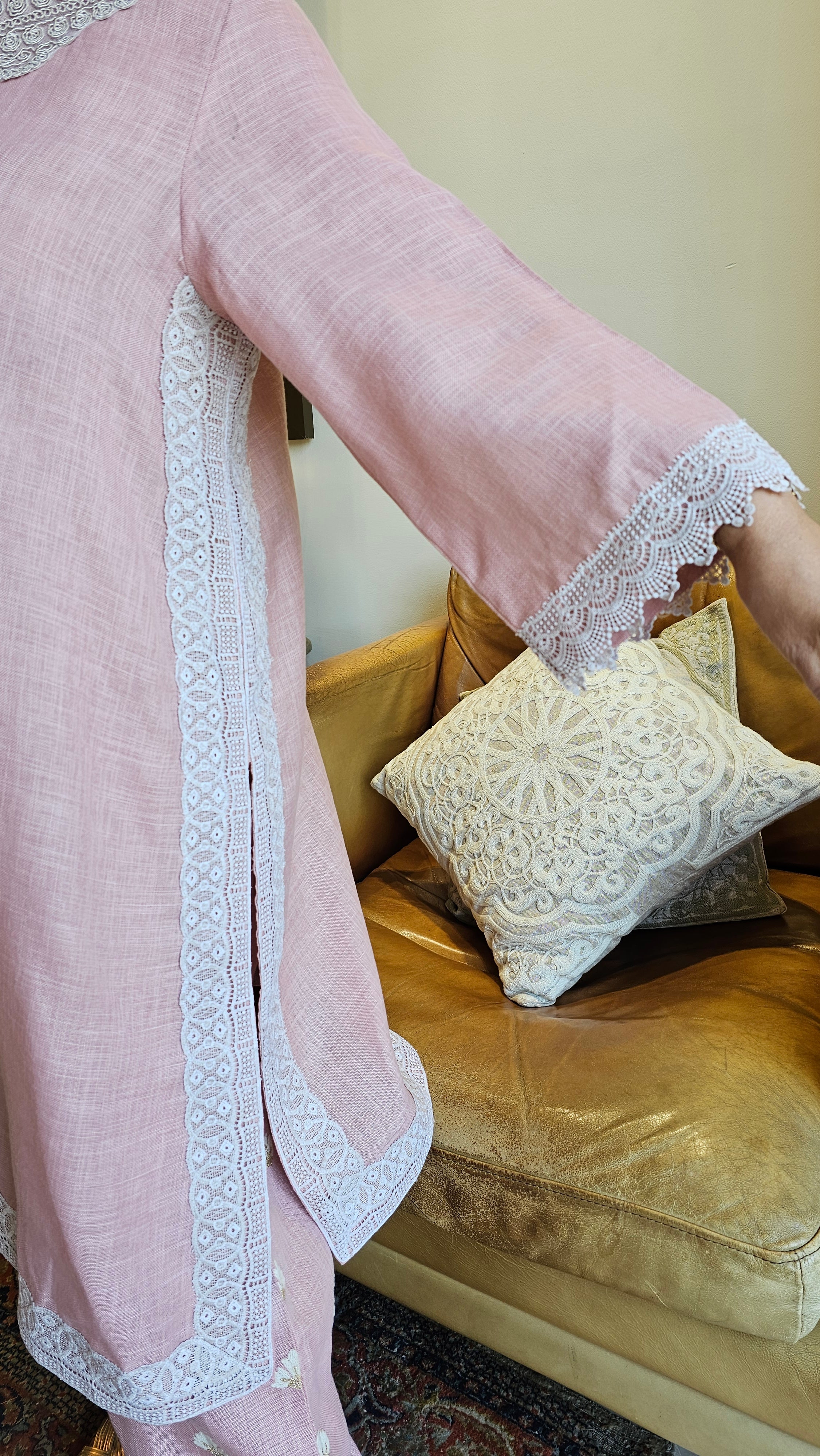 Beautiful Linen Embroidered Pants with Dori work Embroidery Kurta Trimmed with Laces