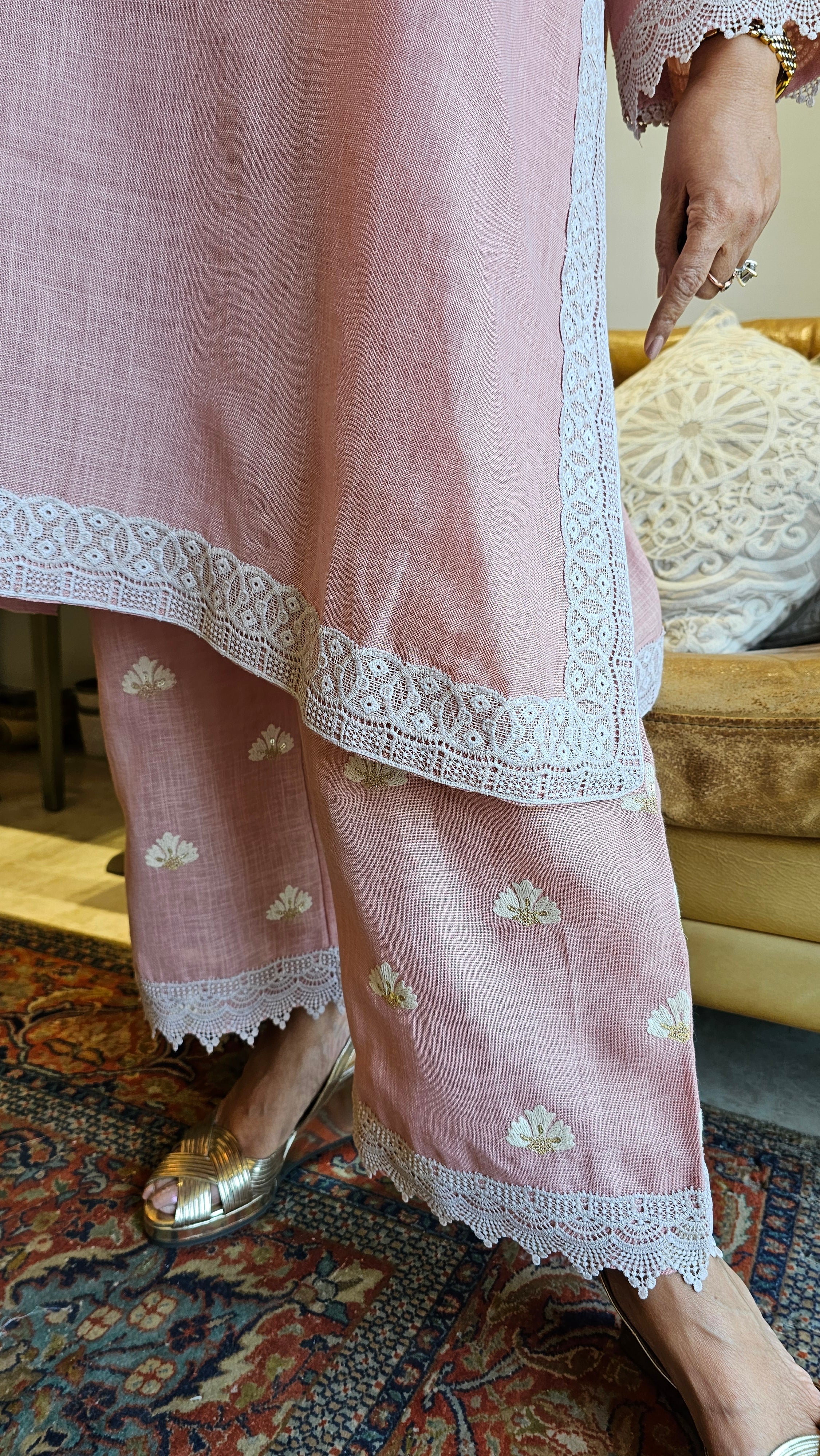 Beautiful Linen Embroidered Pants with Dori work Embroidery Kurta Trimmed with Laces
