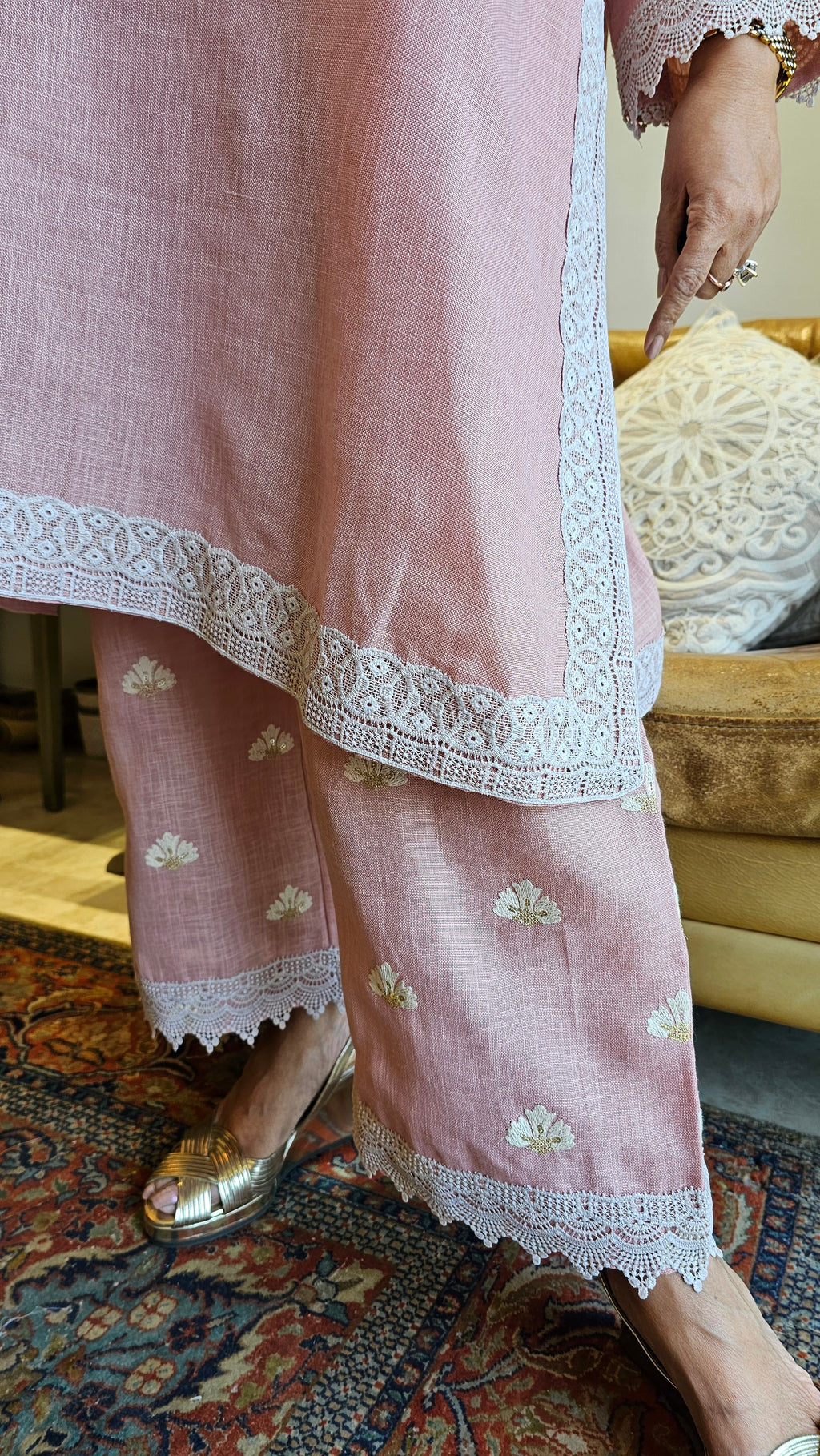 Beautiful Linen Embroidered Pants with Dori work Embroidery Kurta Trimmed with Laces