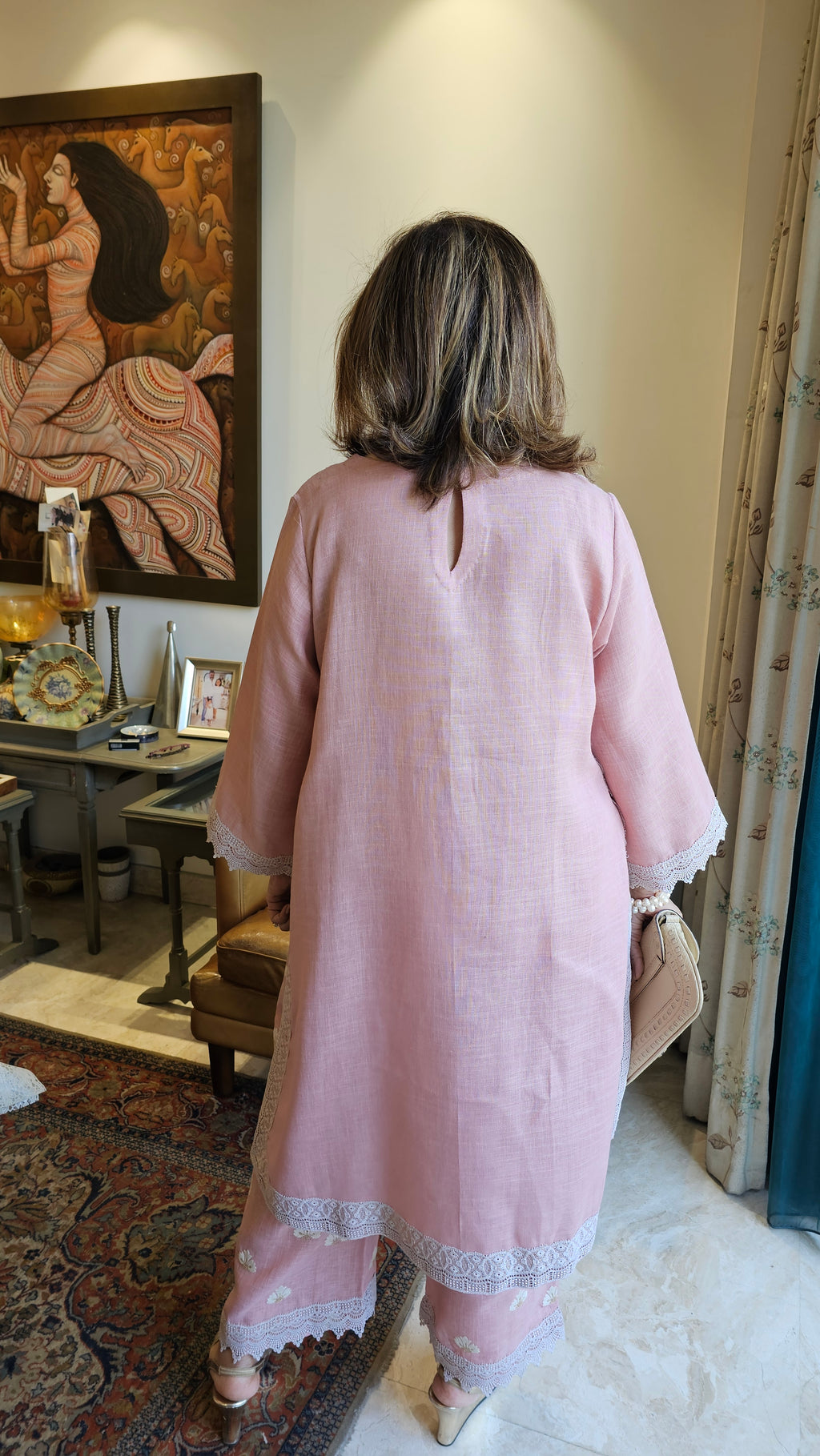 Beautiful Linen Embroidered Pants with Dori work Embroidery Kurta Trimmed with Laces